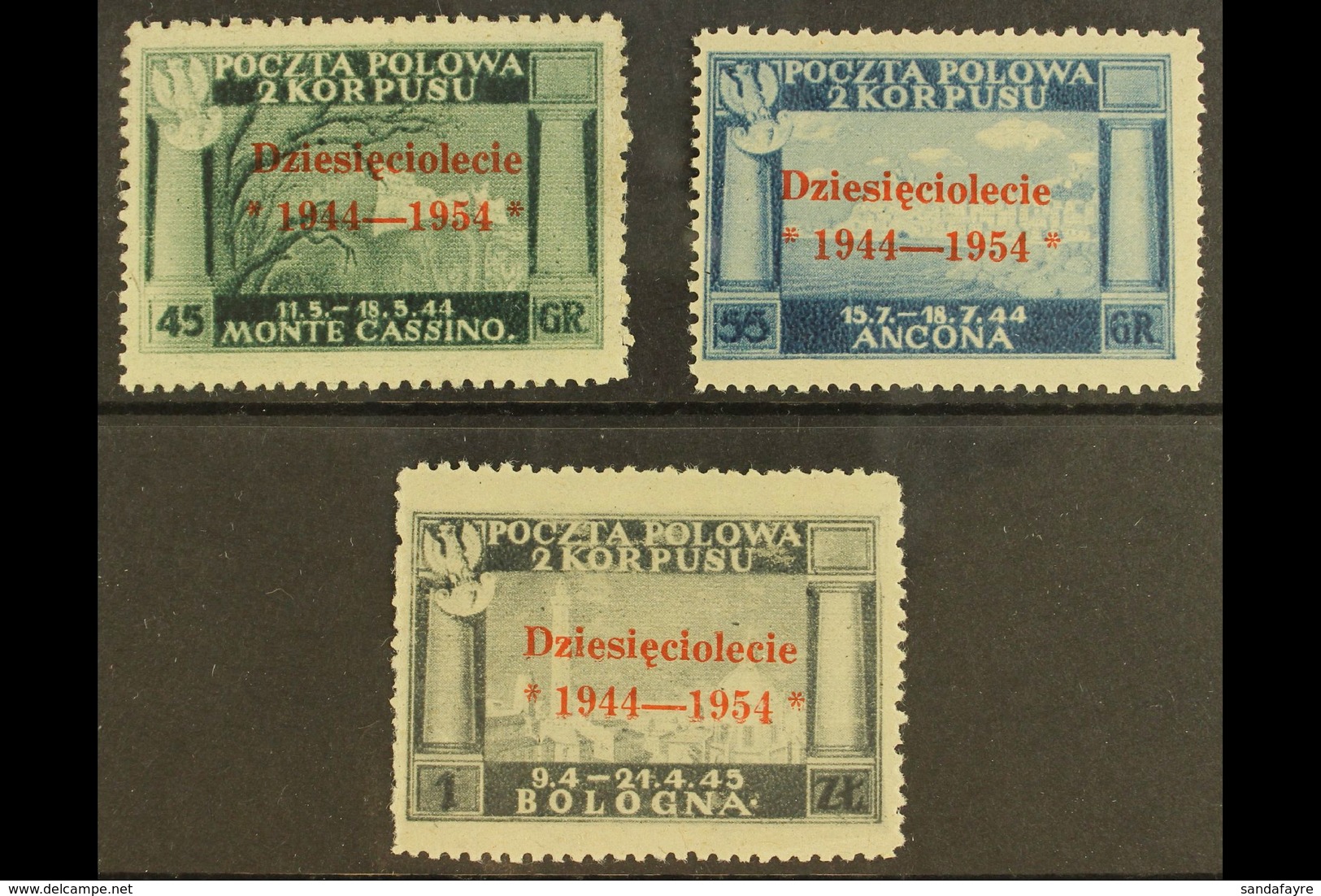 POLISH ARMY IN ITALY LONDON GOVERNMENT 1954 "Dziesieciolecie" Overprints On Vermilion Complete Set, Sassone 7/9, Fine Mi - Sonstige & Ohne Zuordnung