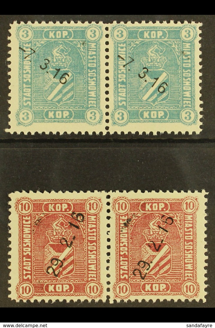 SOSNOWICE (SOSNOWIEC) 1916 Local Stamps Set (Michel 1/2, Barefoot 1/2), Very Fine Used Horizontal PAIRS, Fresh. (2 Pairs - Andere & Zonder Classificatie