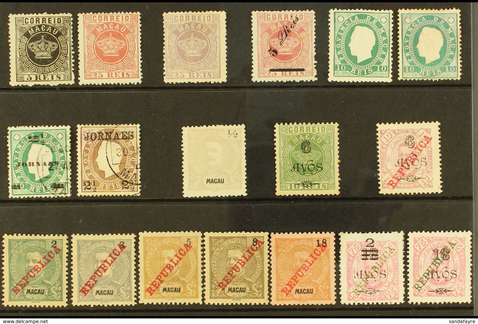 MACAO 1884-1915 Mostly Unused Selection On Stock Cards, Inc 1884 5r & 25r, 1885 25r, 1885 5r On 25r, 1888 10r, 1902 6a O - Sonstige & Ohne Zuordnung