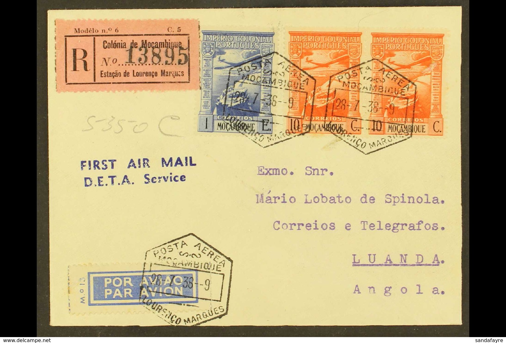 MOZAMBIQUE 1938 (28 July) Lourenco Marques - Luanda First Flight Registered Cover Bearing 10c Pair & 1E Stamps Tied By H - Sonstige & Ohne Zuordnung