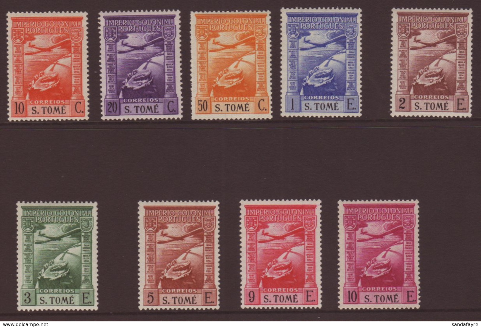 ST THOMAS AND PRINCE ISLAND 1938 AIR Complete Set, Afinsa 1/9, Superb Lightly Hinged Mint, Hardly Detectable. Fresh And  - Other & Unclassified