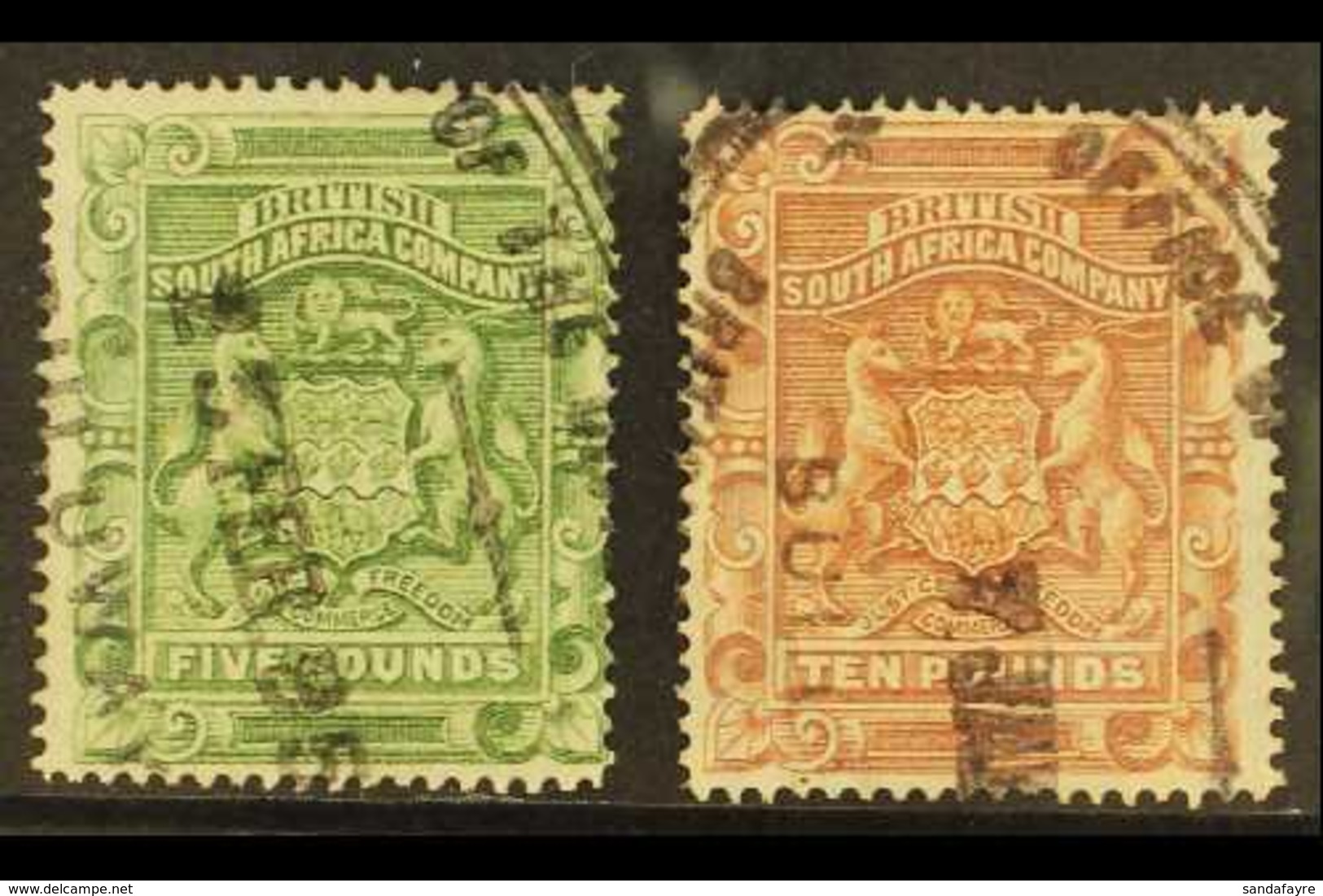 1892-3 £5 Sage-green & £10 Brown, SG 12/13, Fiscally Used With Neat Oval Cancel, Both WITHOUT PERFIN (2). For More Image - Other & Unclassified