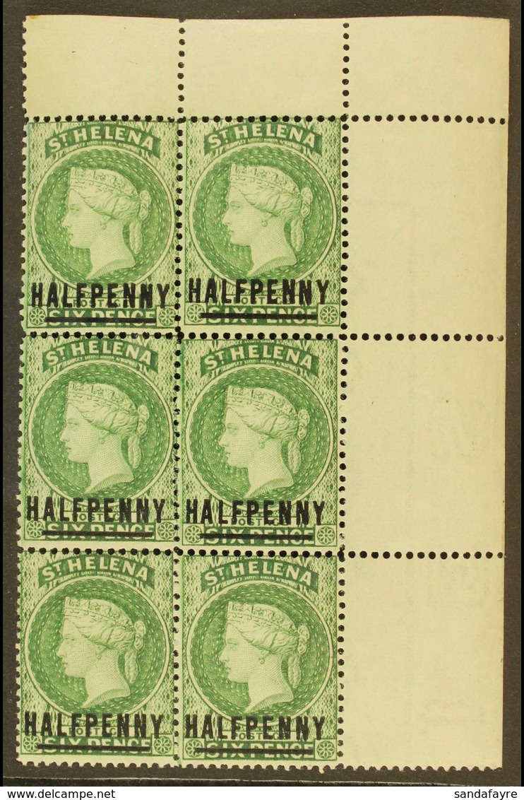 1884-94 ½d Green (words 17mm), Reversed Watermark, SG 35x Never Hinged Mint Corner Block Of 6, Light Tone To Selvedge (1 - St. Helena