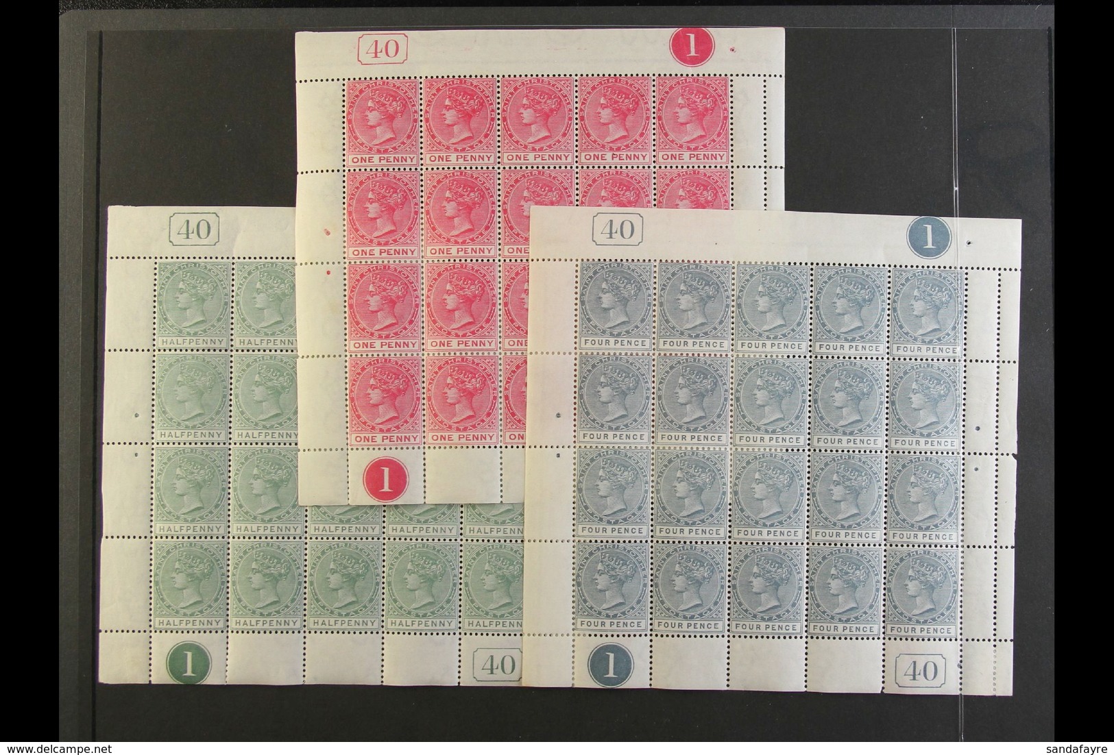 1882-90 COMPLETE SHEETS 1882-90 Watermark Crown CA ½d Dull Green, SG 11, 1d Carmine-rose, SG 13, Plus 4d Grey, SG 18, Ea - St.Christopher-Nevis & Anguilla (...-1980)
