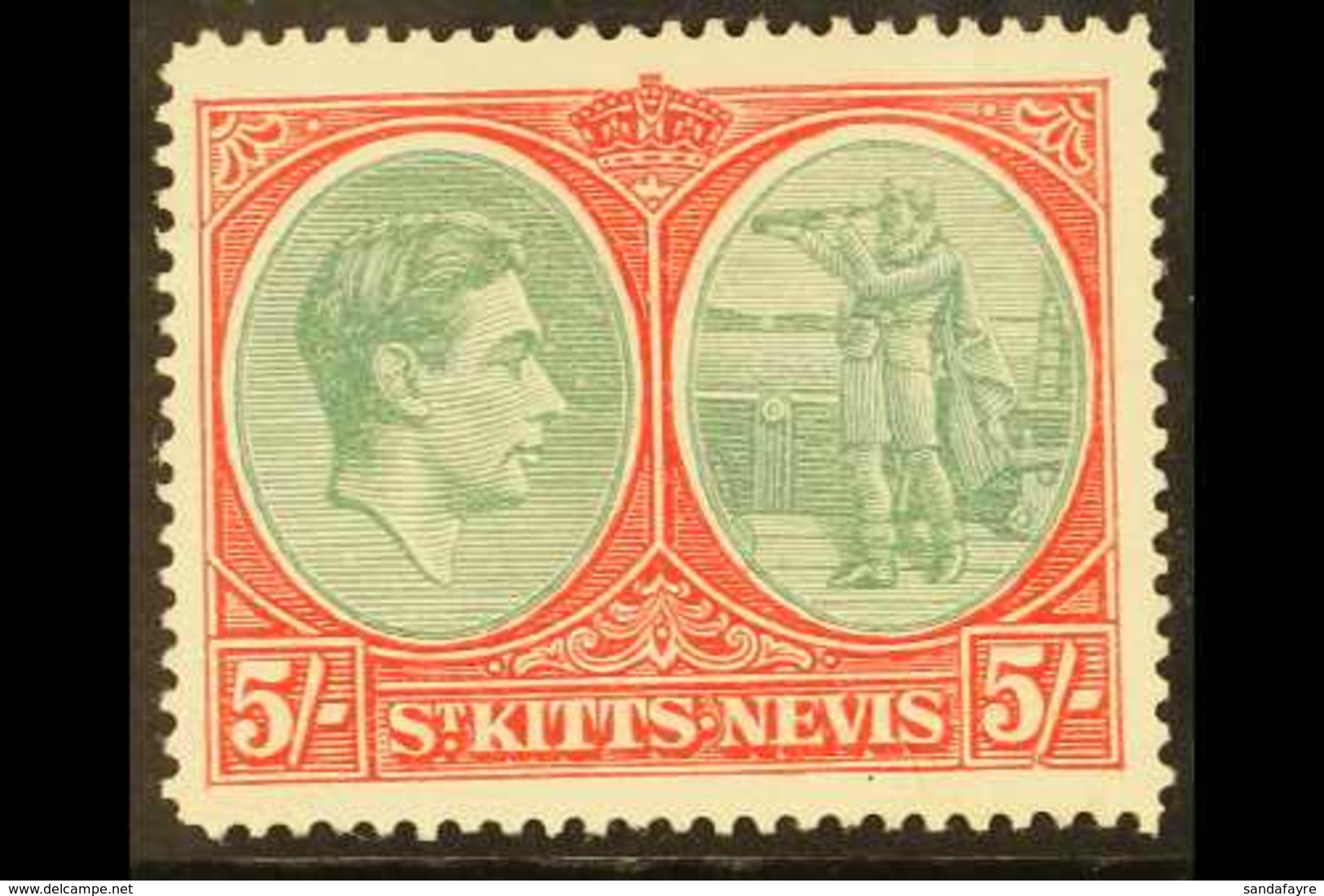 1838-50 5s Bluish Green And Scarlet On Ordinary Paper, Perf 14, With BREAK IN VALUE TABLET FRAME Variety, SG 77ba, Fine  - St.Kitts Y Nevis ( 1983-...)