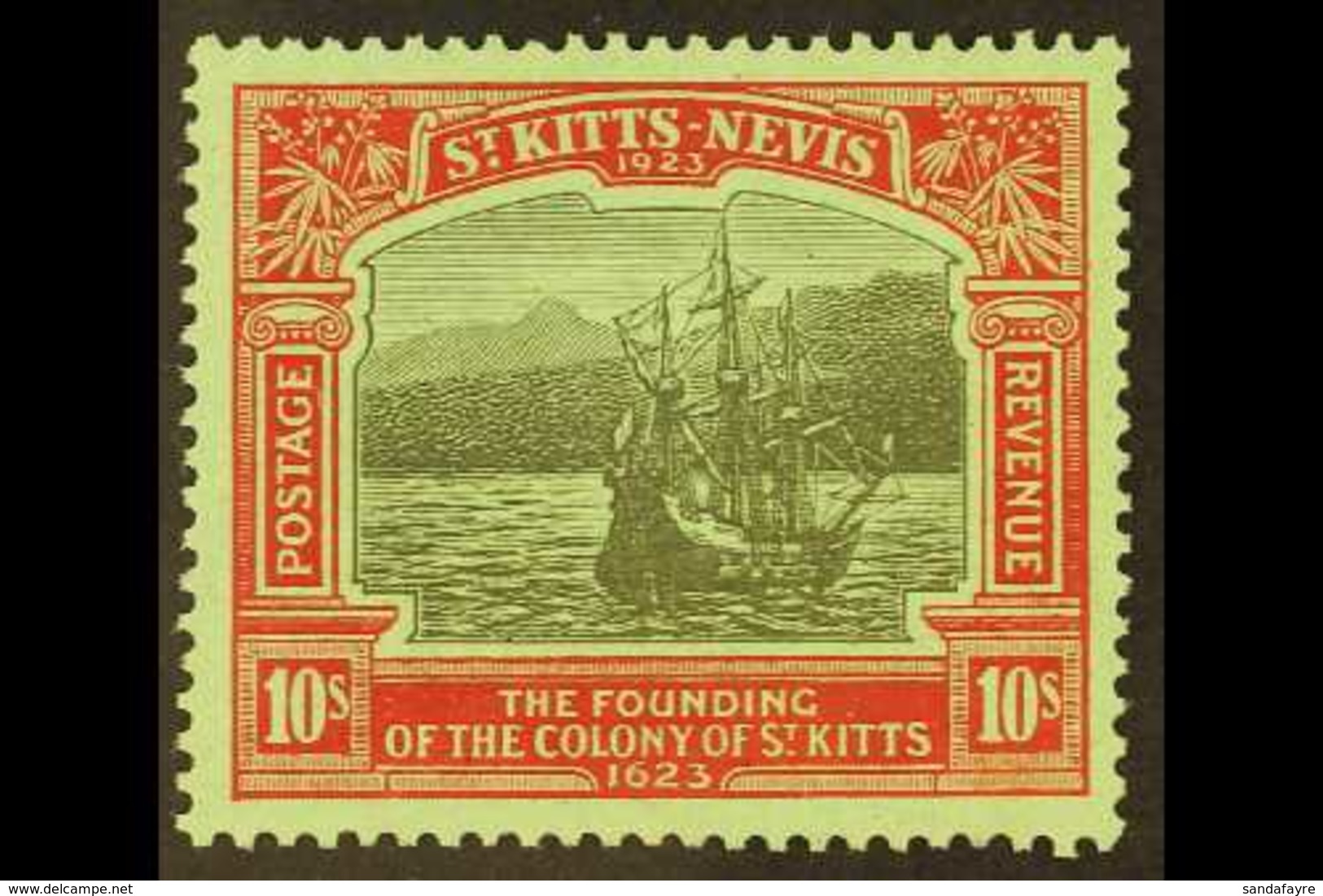 1923 10s Black And Red On Emerald Tercentenary, SG 58, Superb Mint. For More Images, Please Visit Http://www.sandafayre. - St.Kitts Und Nevis ( 1983-...)