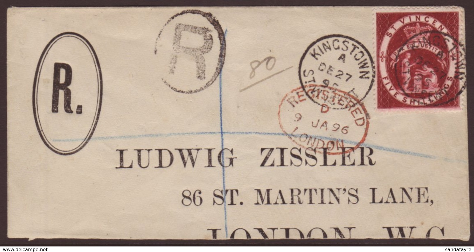 1888 5s Brown Lake SG 53a, Tied Kingston Cds On Large Part Envelope Registered To London.  For More Images, Please Visit - St.Vincent (...-1979)