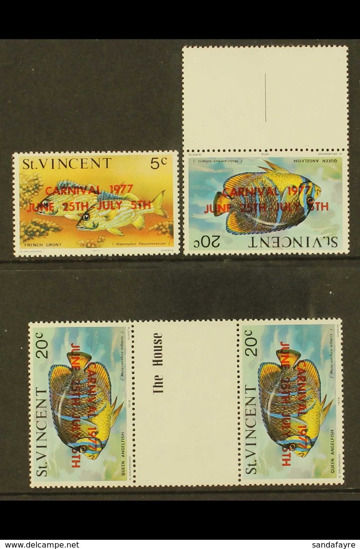 1977 RED OVERPRINT VARIETIES. 5c French Grunt Red Opt Variety, SG 531c, 20c Angelfish Inverted Red Overprint, SG 534a Si - St.Vincent (...-1979)