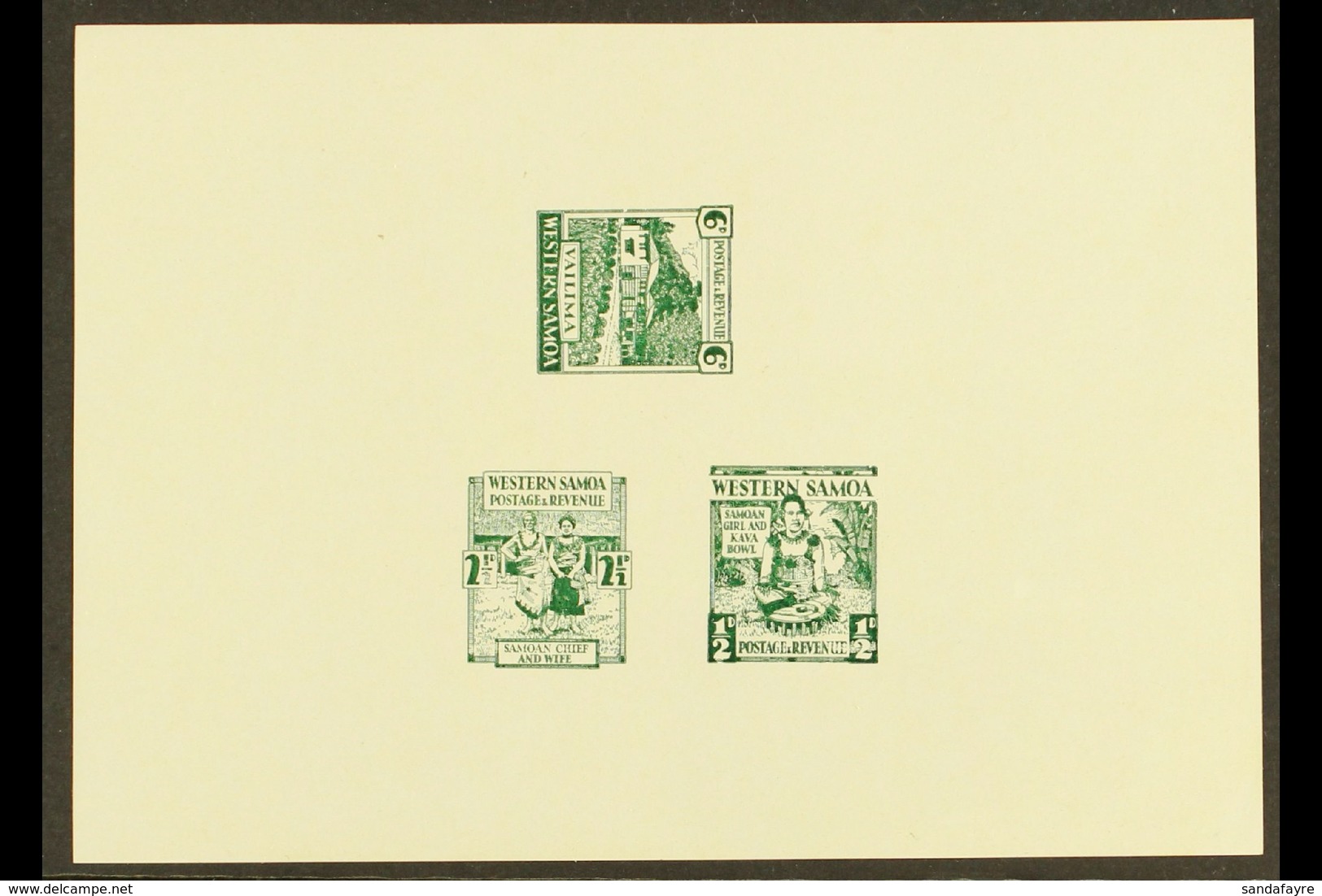 1935 PICTORIAL DEFINITIVE ESSAYS Collins Essays For The ½d, 2½d And 6d Values, In Green On A Single Sheet Of Thick Gloss - Samoa