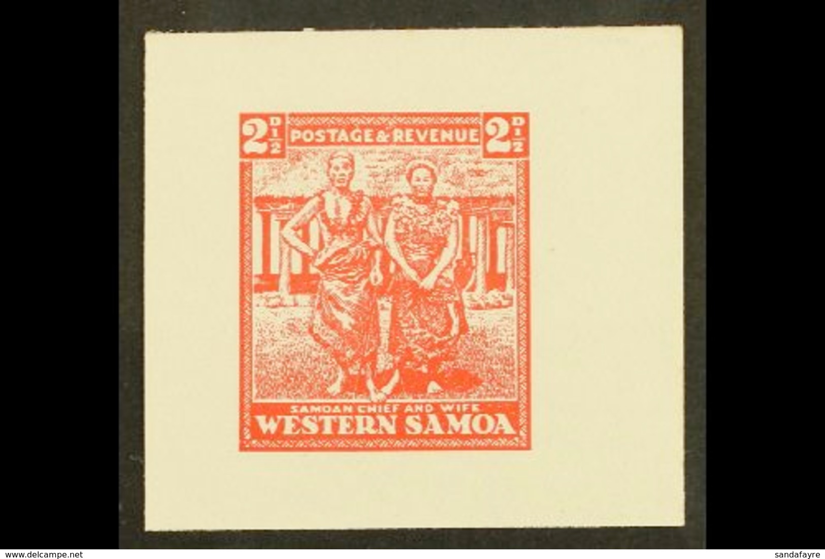 1935 PICTORIAL DEFINITIVE ESSAY Collins Essay For The 2½d Value In Red On Thick White Paper, The "Chief And Wife" Design - Samoa