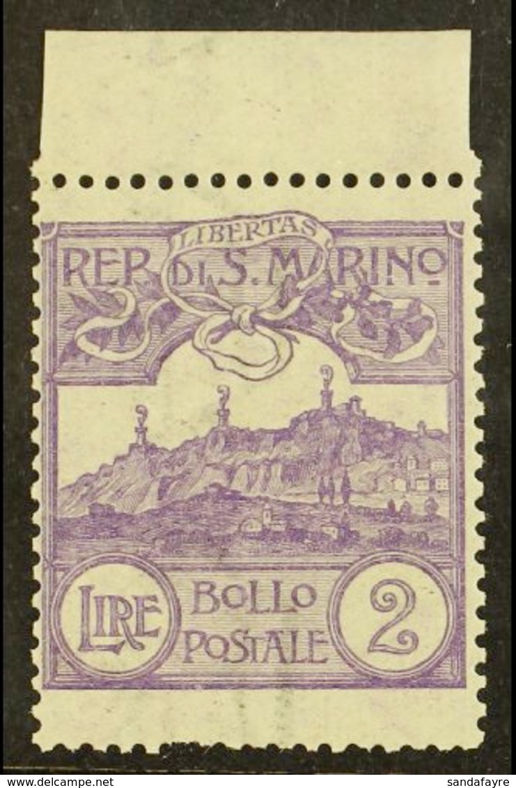1903 2L Violet Mt Titano (SG 50, Sass 44, Scott 72) Mint Upper Marginal Example, Short Perf At Base. For More Images, Pl - Autres & Non Classés