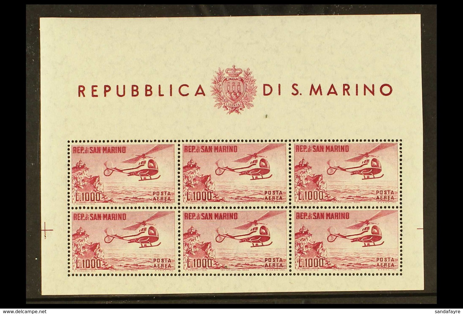 1961 1000L Carmine, Helicopter Miniature Sheet, Mi. 696 Klb, Sassone 22, Superb Never Hinged Mint. For More Images, Plea - Andere & Zonder Classificatie