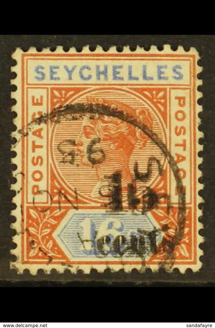 1893 15c On 16c (Die II), Surcharge Double, SG 19b, Fine Cds Used.  For More Images, Please Visit Http://www.sandafayre. - Seychelles (...-1976)