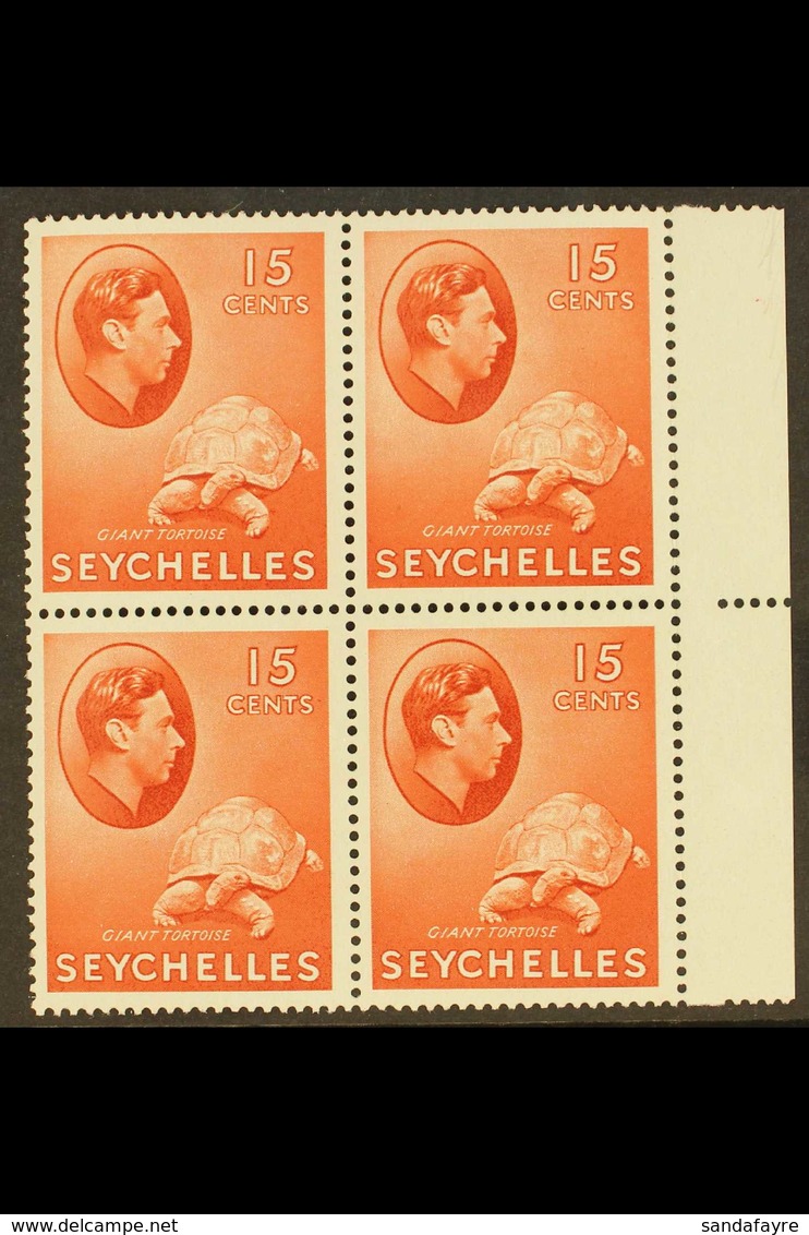 1938-49 NHM MULTIPLE 15c Brown Carmine On Chalky Paper, SG 139a, Marginal Block Of 4, Never Hinged Mint. Lovely, Post Of - Seychelles (...-1976)