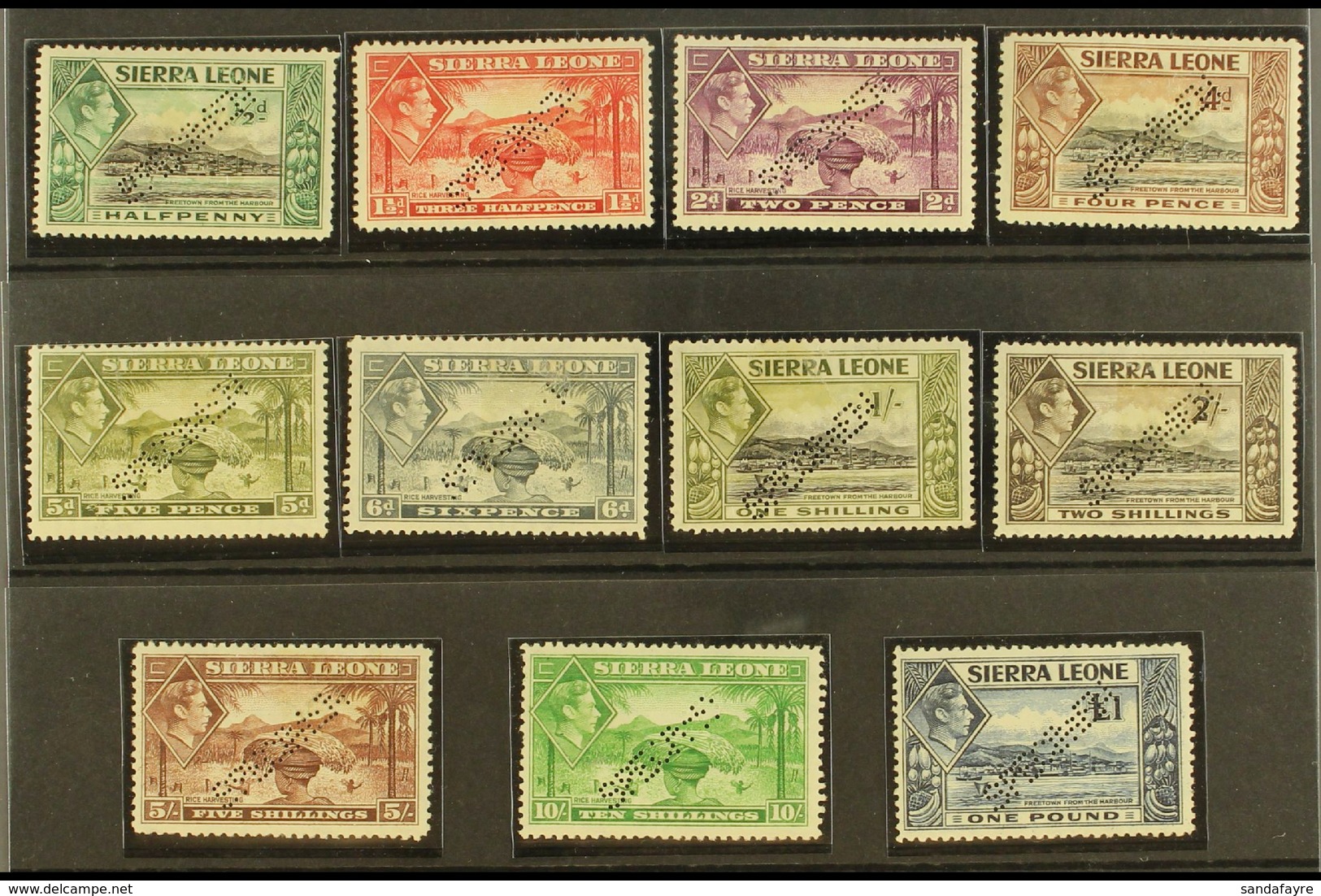 1938 "SPECIMENS" ½d, 1½d Scarlet, 2d Mauve, 4d, 5d, 6d, 1s, 2s, 5s, 10s And £1 Definitives With Perf "SPECIMEN", Between - Sierra Leone (...-1960)