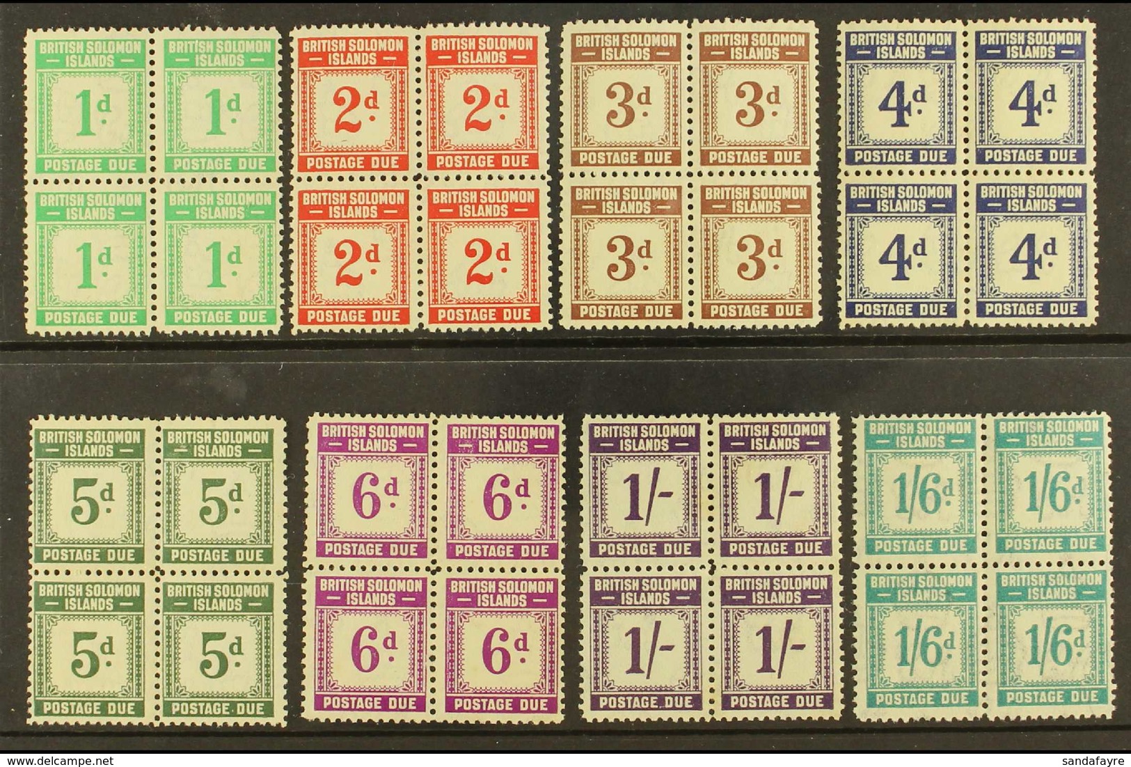 POSTAGE DUES 1940 Set Complete, SG D1/8, In Very Fine Never Hinged Mint, Blocks Of 4. (32 Stamps) For More Images, Pleas - Salomonseilanden (...-1978)