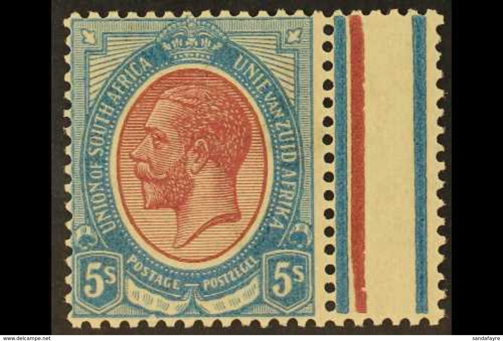 1913-24 5s Reddish Purple & Light Blue Marginal Single With MISSING Purple Jubilee Line On Gutter Margin, SG 15a (Union  - Unclassified