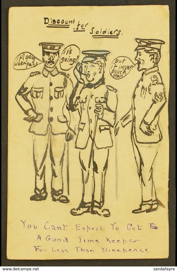 1918 HAND ILLUSTRATED POSTCARD KGV ½d Stationery Postcard, Hand-drawn Illustration Of A Soldier Flanked By Two Sergeants - Non Classés