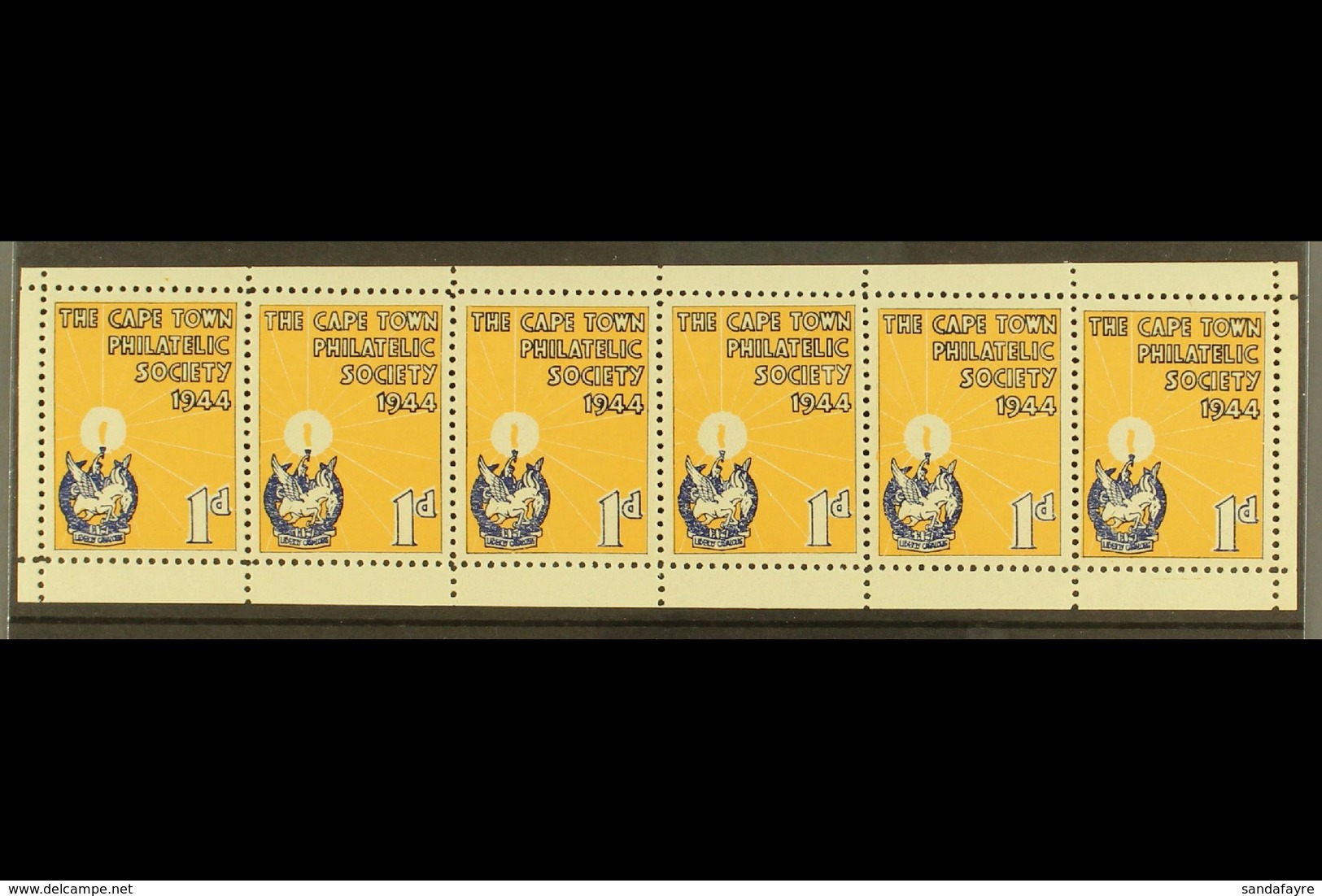 CINDERELLA LABEL 1944 "The Cape Town Philatelic Society" 1d Blue & Buff, Strip Of 6 Labels With Margins All Around, Gumm - Non Classés