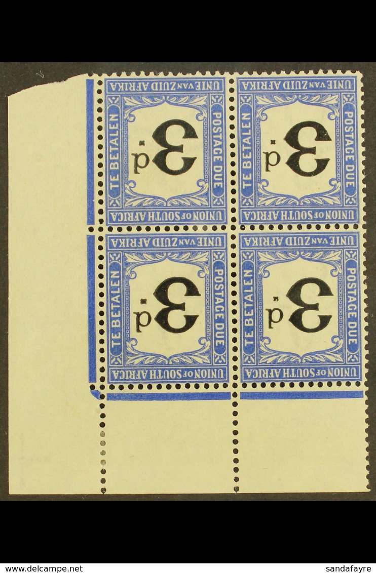 POSTAGE DUES 1914-22 3d Black & Bright Blue, WATERMARK INVERTED In Corner Marginal Block Of 4, SG D4w, Hinged On Margin, - Zonder Classificatie