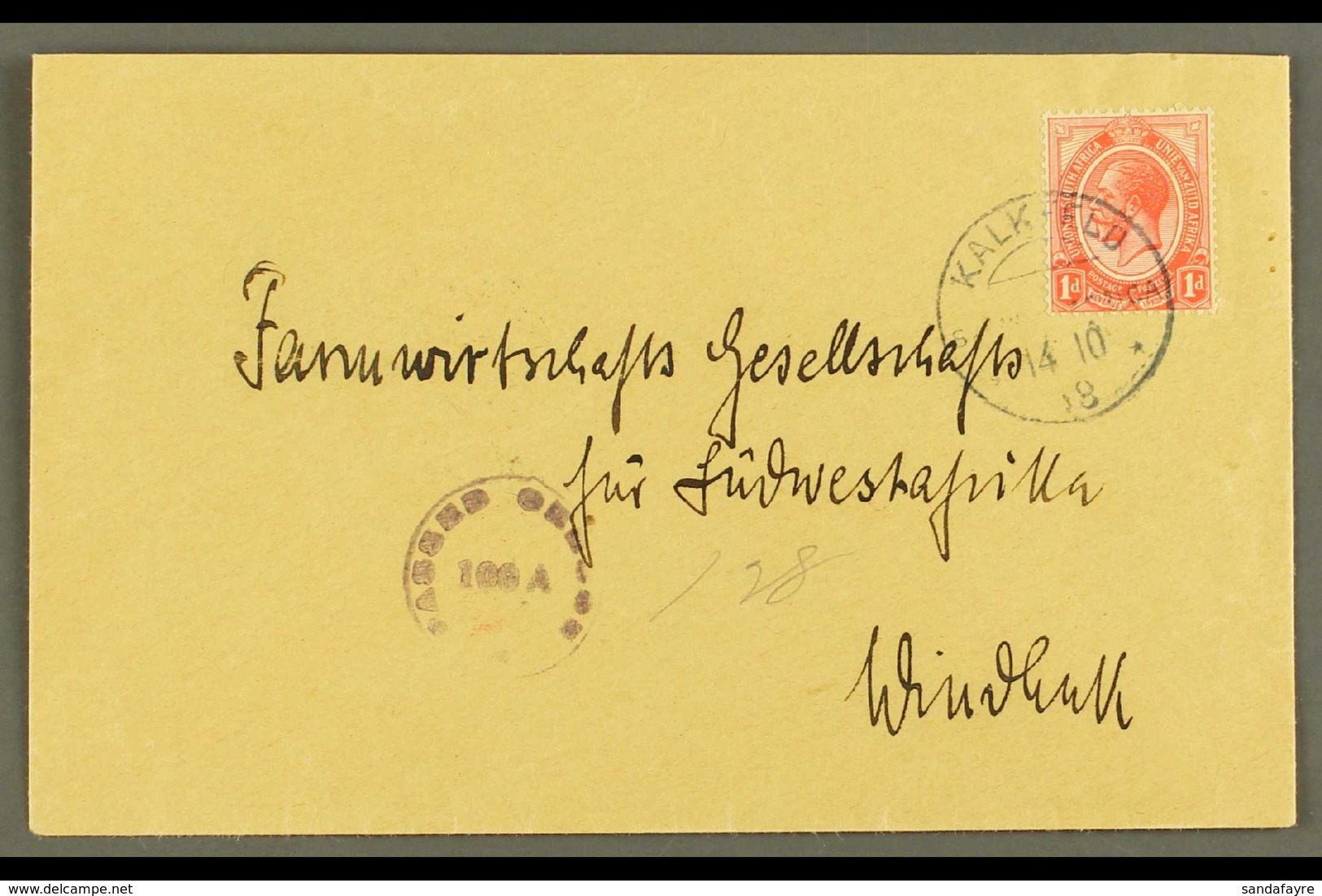 1918 (14 Oct) Cover To Windhuk Bearing 1d Union Stamp Tied By Very Fine "KALKFELD" Cds Cancel, Putzel Type B2, With Viol - Afrique Du Sud-Ouest (1923-1990)