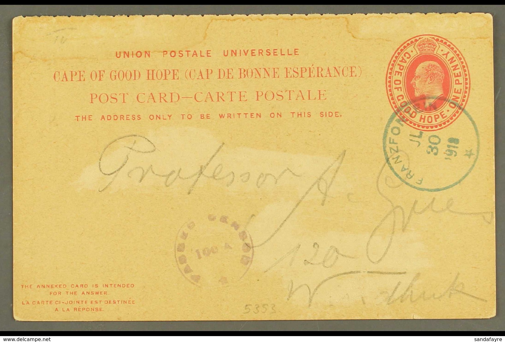 1918 (30 Jul) 1d KEVII Cape Postal Card To Windhuk Cancelled By Very Fine "FRANZFONTEIN" Rubber Cds Postmark In Greenish - Zuidwest-Afrika (1923-1990)