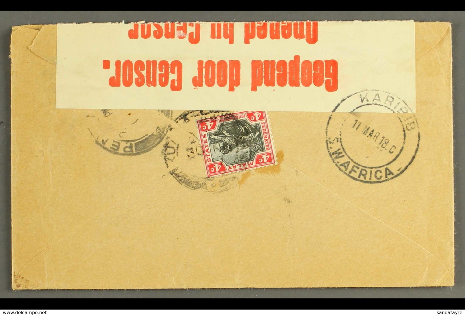 1918 CENSORED COVER FROM MALAYA 1918 (11 Mar) "Herbert Busch" Cover From Kuala Lumpur To Karibib, Bearing On The Flap FM - Afrique Du Sud-Ouest (1923-1990)