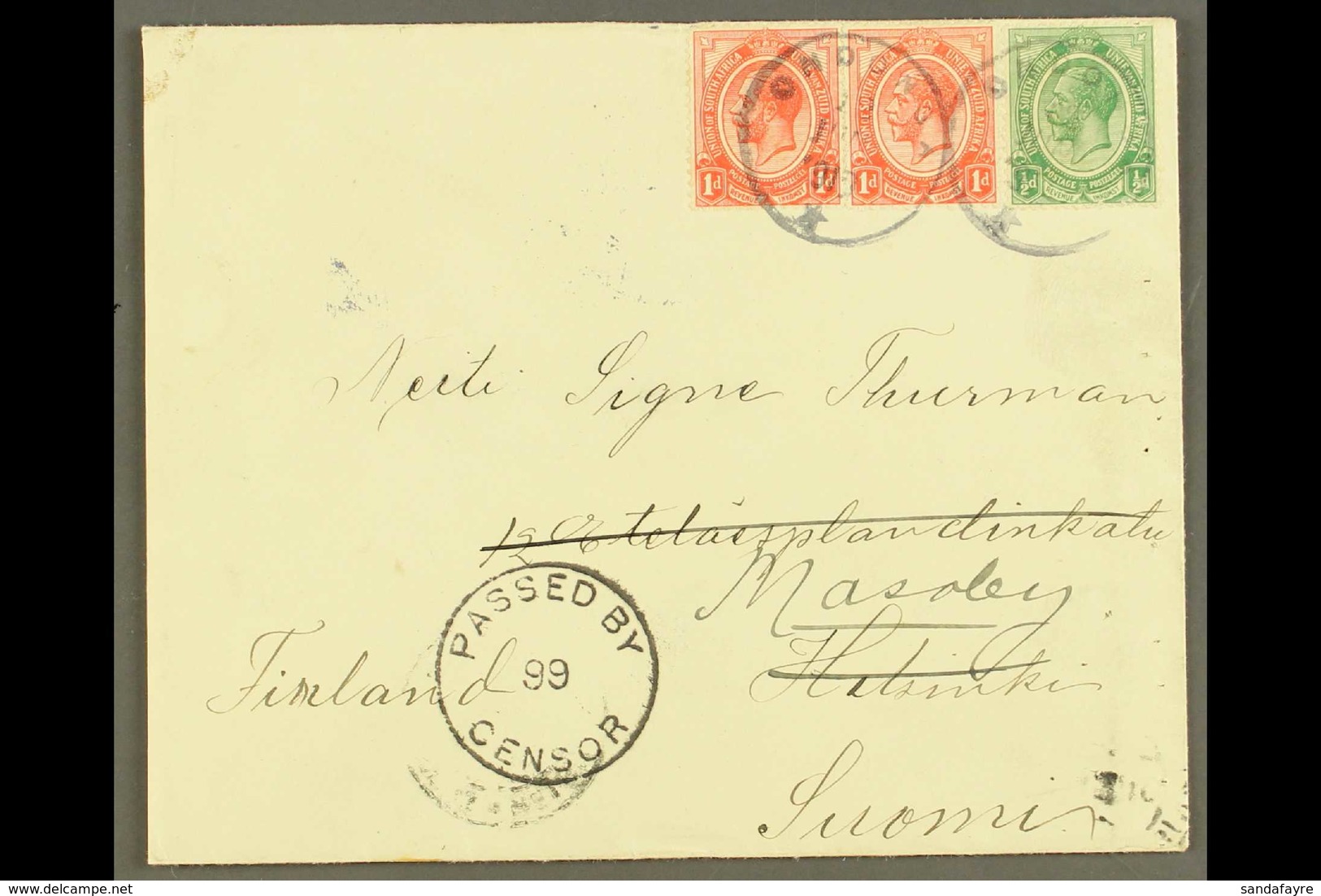 1919 (12 Jun) Env To Finland (redirected From Helsinki To Masaby) Bearing ½d & Pair 1d Union Stamps Tied By Two "ONDONGA - South West Africa (1923-1990)