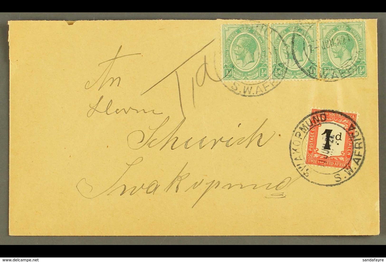 1921 (7 Jun) Env To Swakopmund Bearing ½d Union Strip Of Three Tied By "OMARURU" Cds Cancels, Putzel Type B2 Oc, With "T - Afrique Du Sud-Ouest (1923-1990)