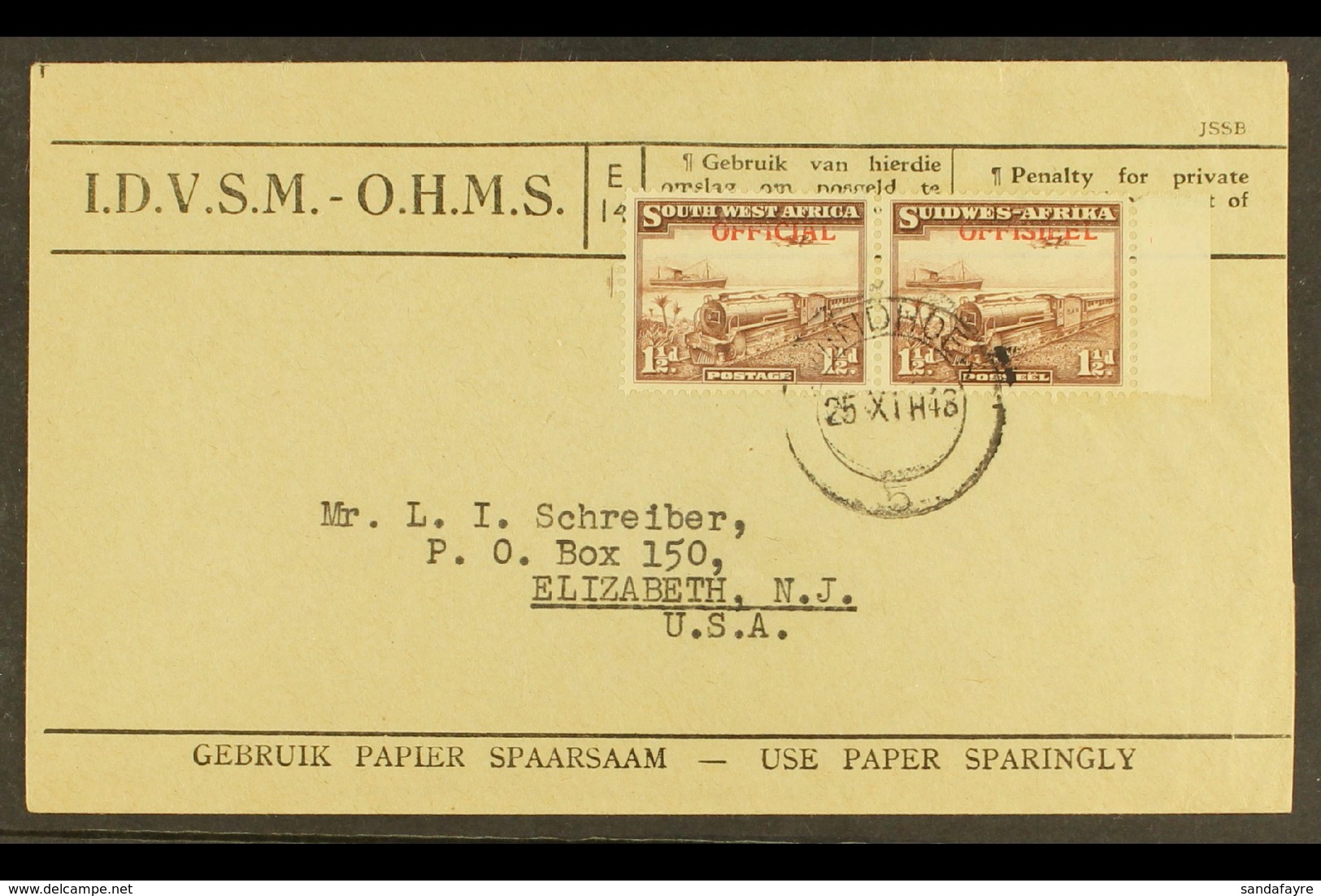 OFFICIALS 1945 - 50 1½d Purple Brown, SG O20, Bi-lingual Pair Superb Used On OHMS Cover To USA. Rare Franking!  For More - Südwestafrika (1923-1990)