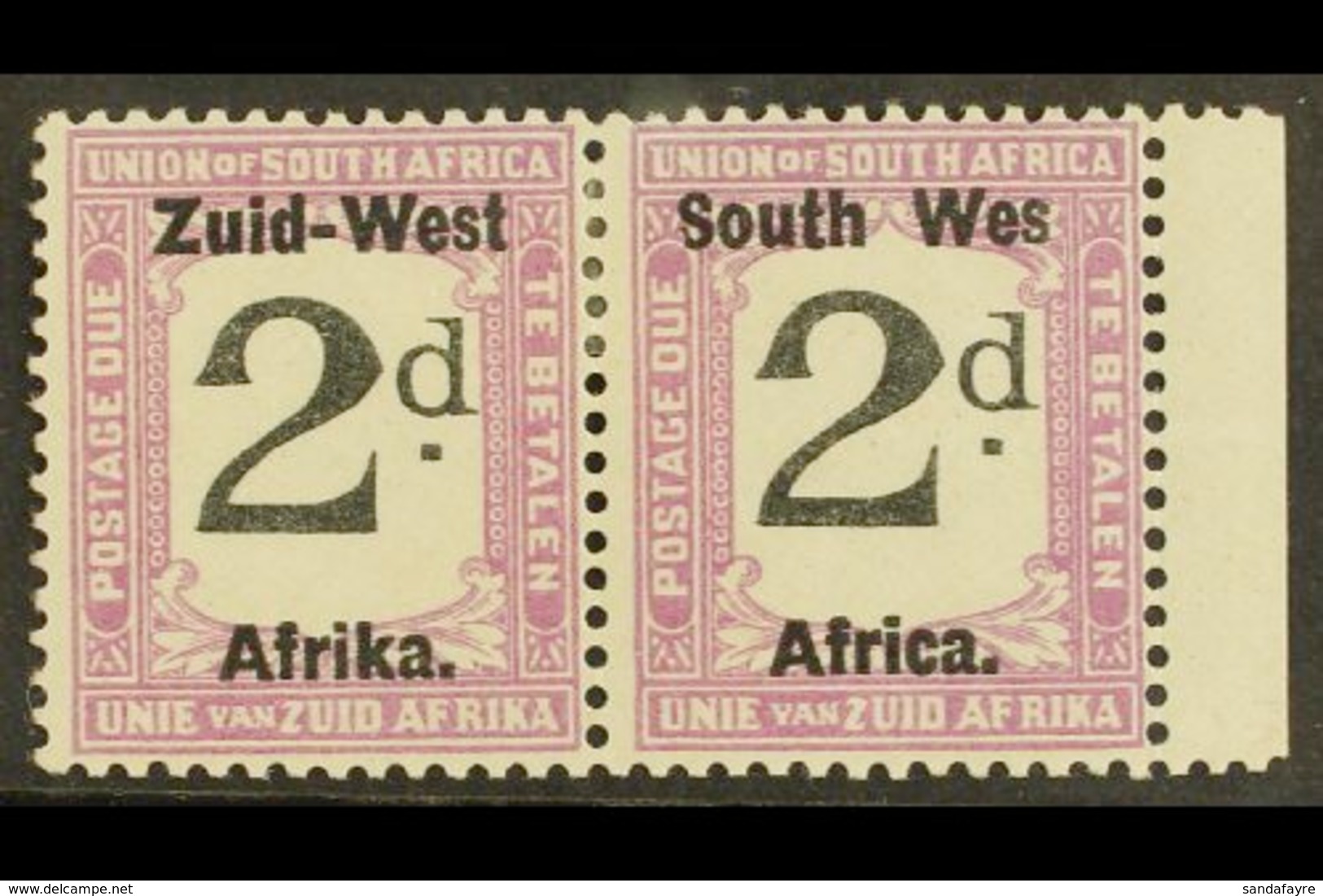 POSTAGE DUE 1923 2d Black And Violet Pair With "WES FOR WEST" Variety, Pretoria Printing, SG D9a, Very Fine & Fresh Mint - South West Africa (1923-1990)