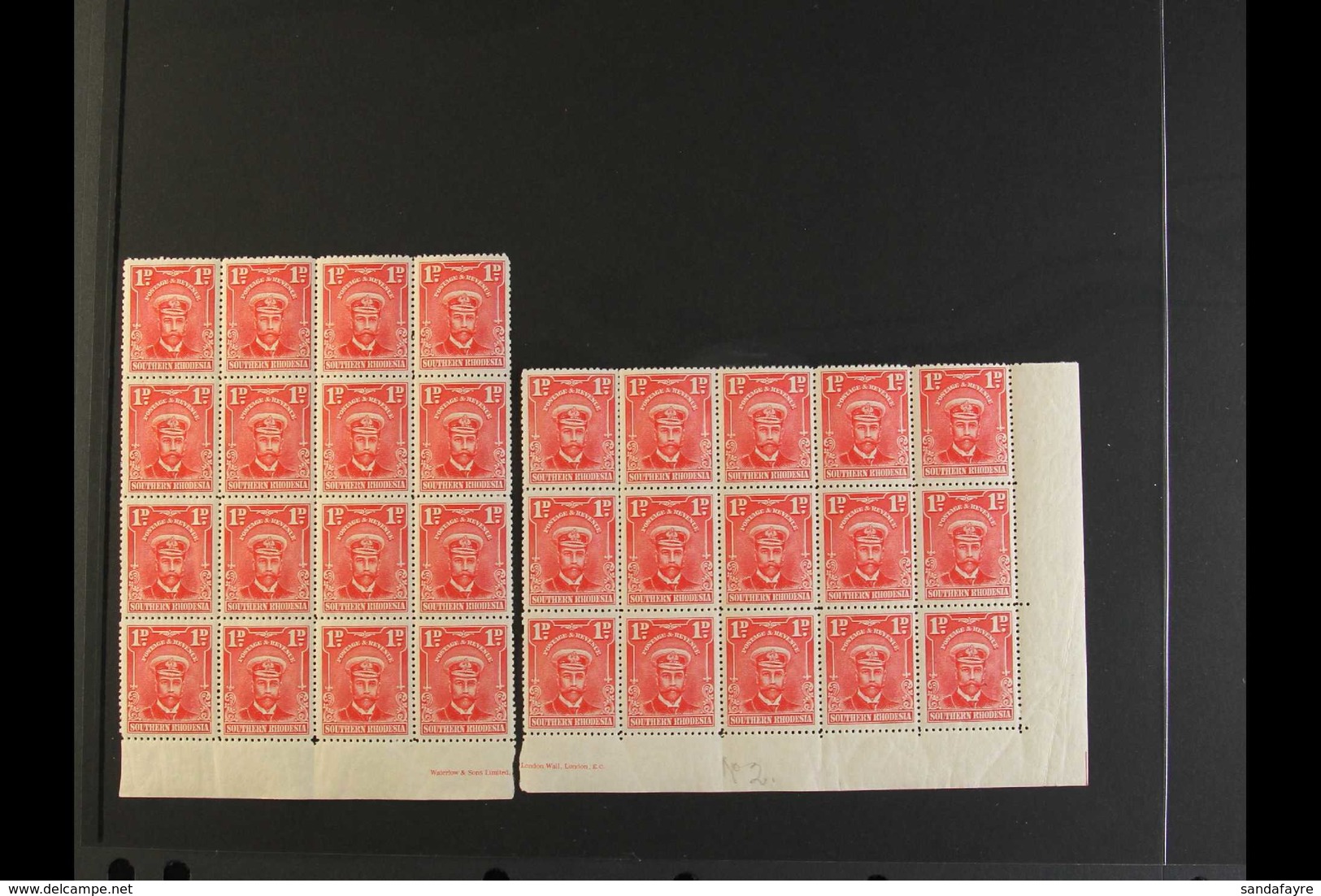 1924-29 1d Bright Rose, SG 2, A Marginal Block Of 16 And A Corner Block Of 15 That Between Them Form Two Halves Of A Dis - Southern Rhodesia (...-1964)