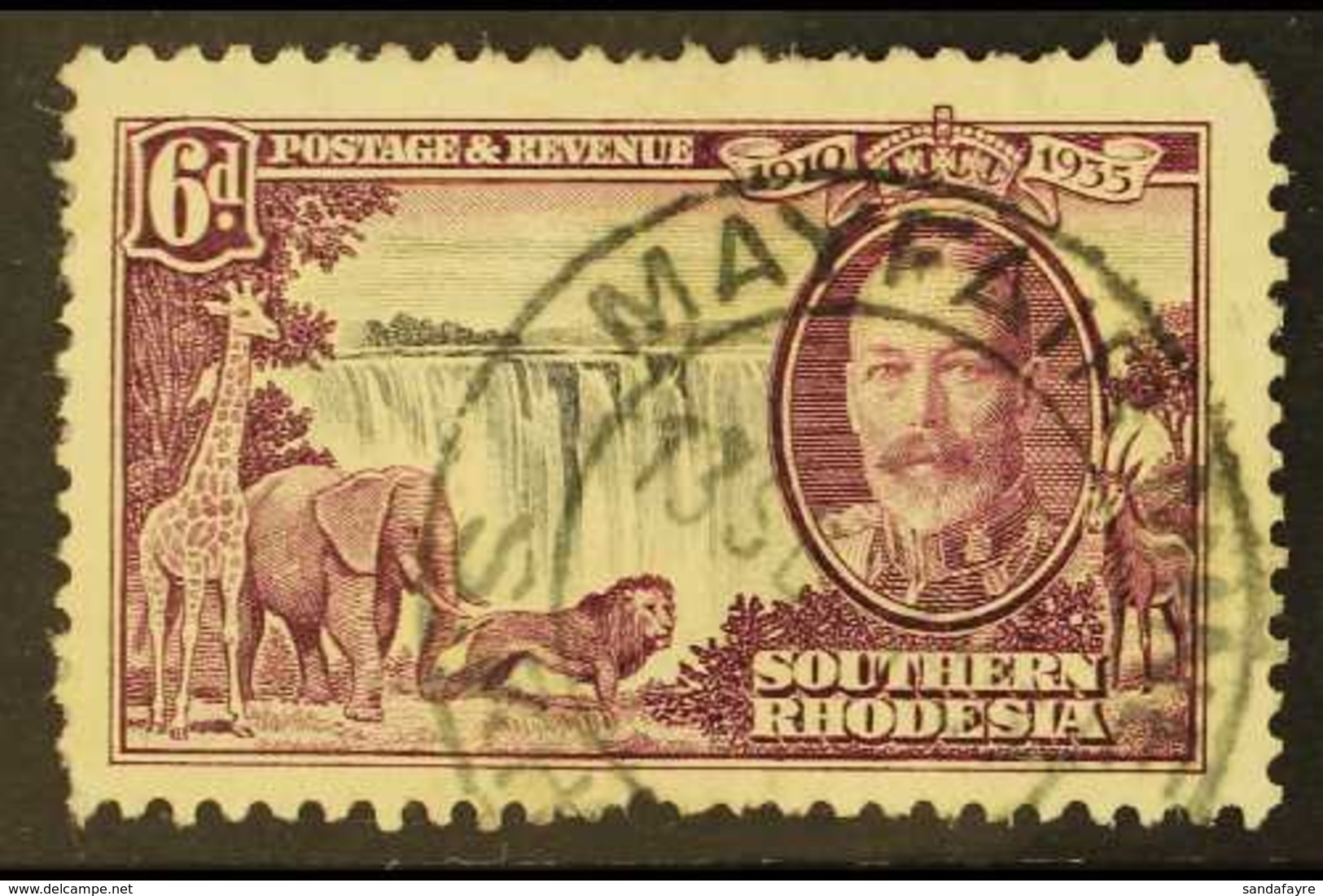 MAYFAIR MINE POSTMARK. 1935 6d Jubilee Stamp (faults) Cancelled By A Very Fine Strike Of The Rare "MAYFAIR MINE" Cds Of  - Southern Rhodesia (...-1964)