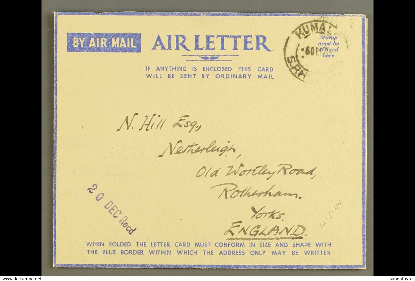 MILITARY AEROGRAMME 1944 (6 Dec) Stampless Air Letter For Christmas Post Concession Primarily For RAF Personnel, Cancell - Rhodésie Du Sud (...-1964)