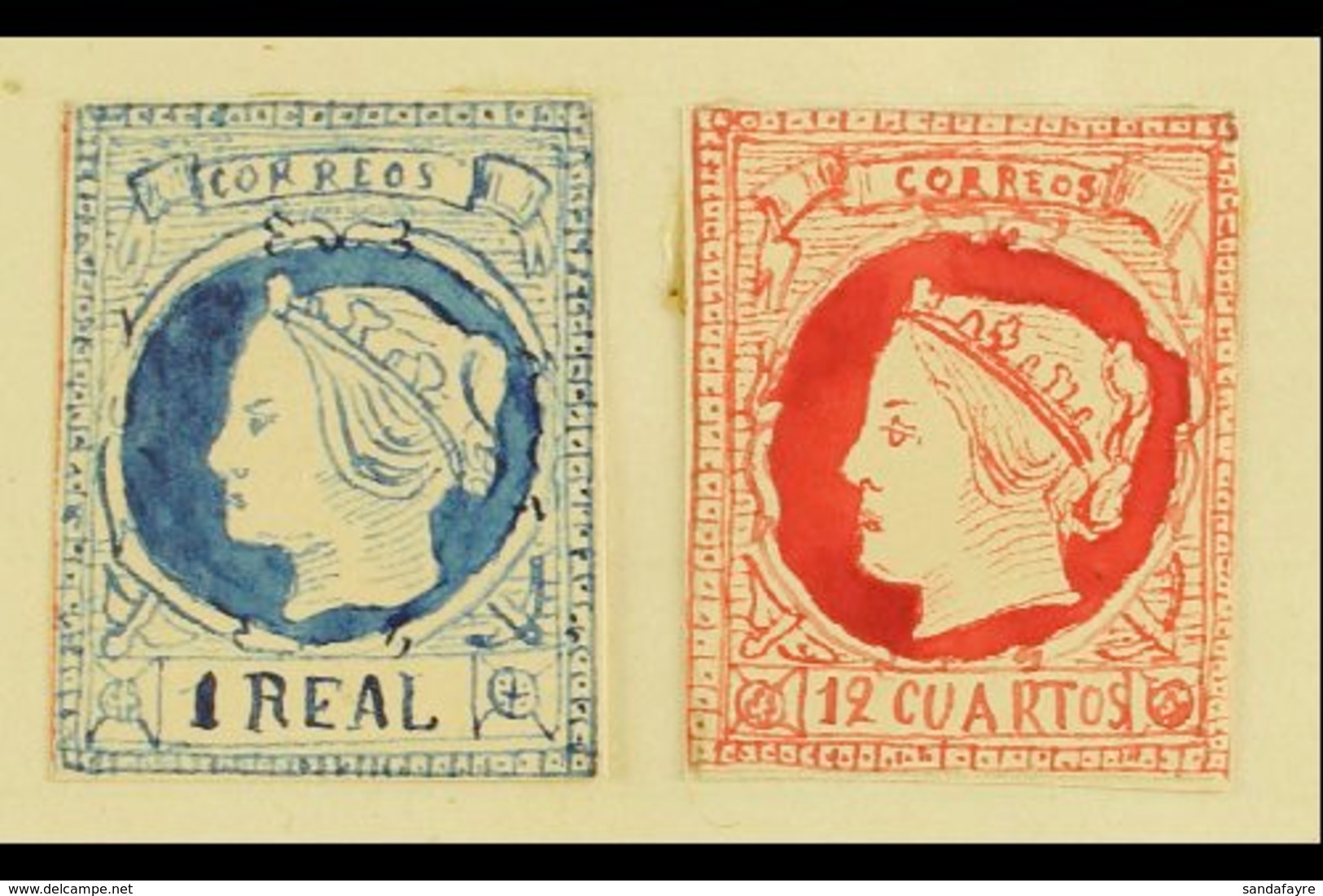 1861 HAND PAINTED STAMPS Unique Miniature Artworks Created By A French "Timbrophile" In 1861. Queen Isabella II (similar - Autres & Non Classés