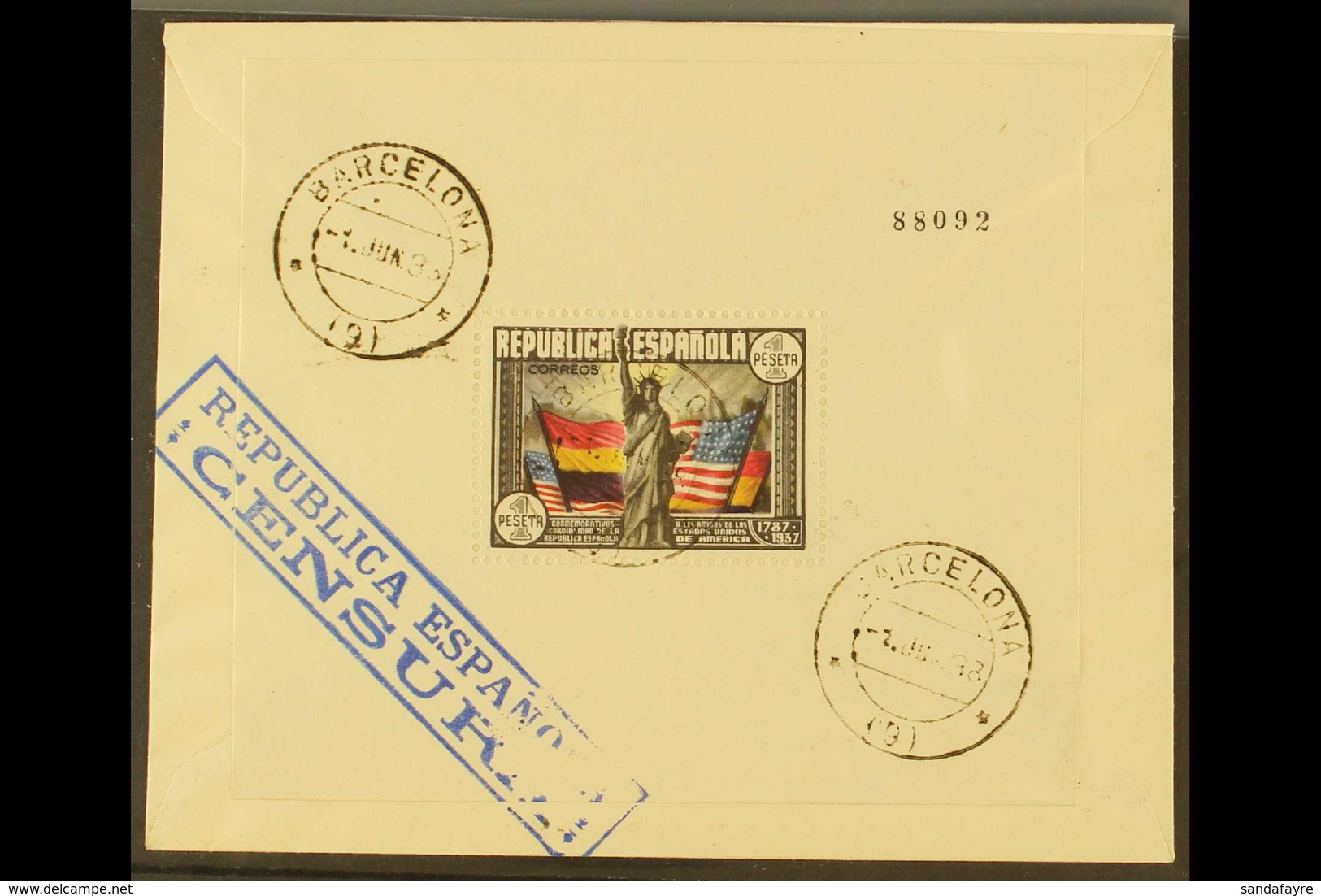 1938 FIRST DAY COVER (June 1st) 150th Anniversary Of U.S Constitution 1 Peseta Mini Sheet, SG MS846 On Cover Rear Tied B - Andere & Zonder Classificatie