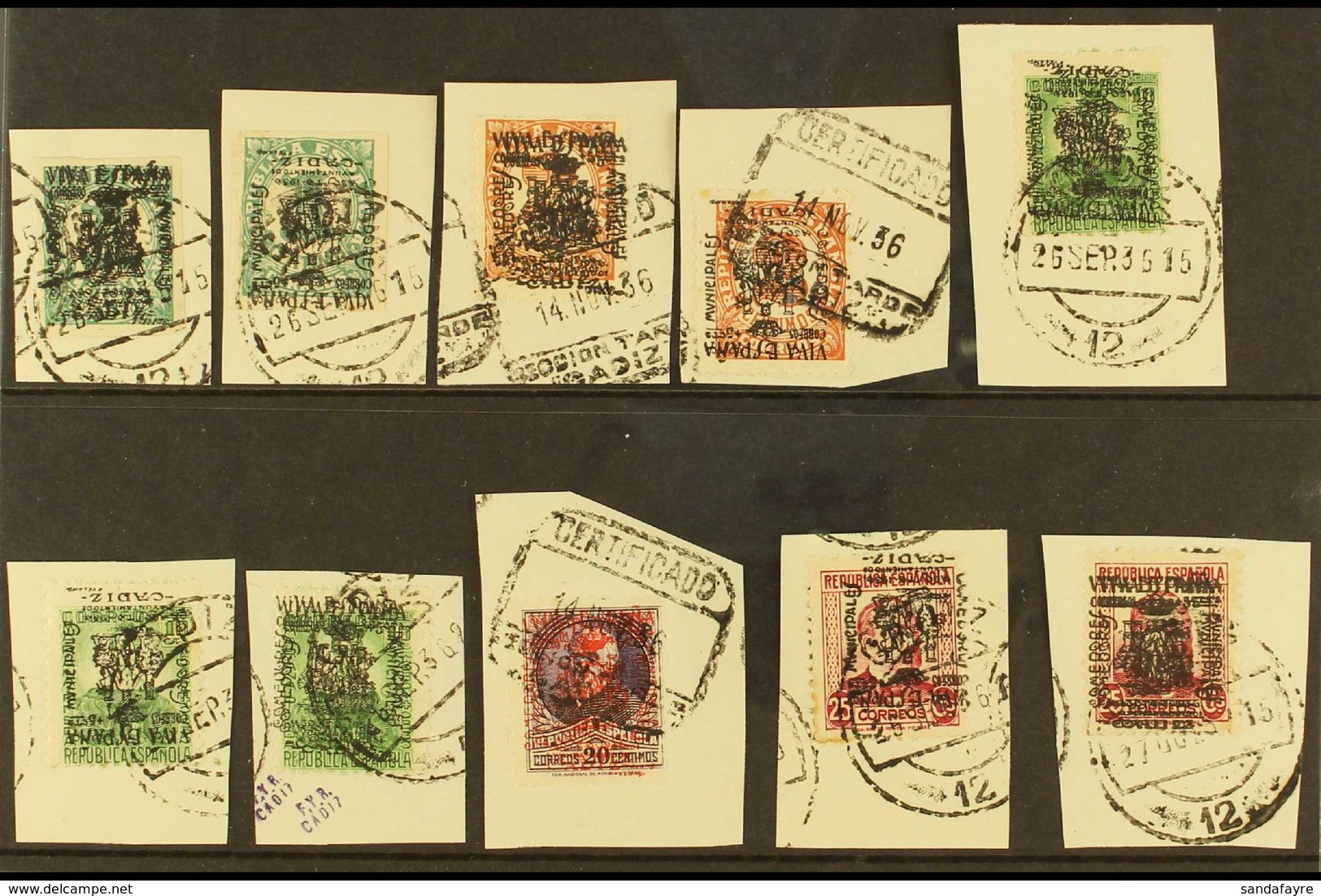 CIVIL WAR - CADIZ 1936 Municipal Overprint Errors Selection On A Stock Card Various Values To 25c "on Piece" With Invert - Andere & Zonder Classificatie