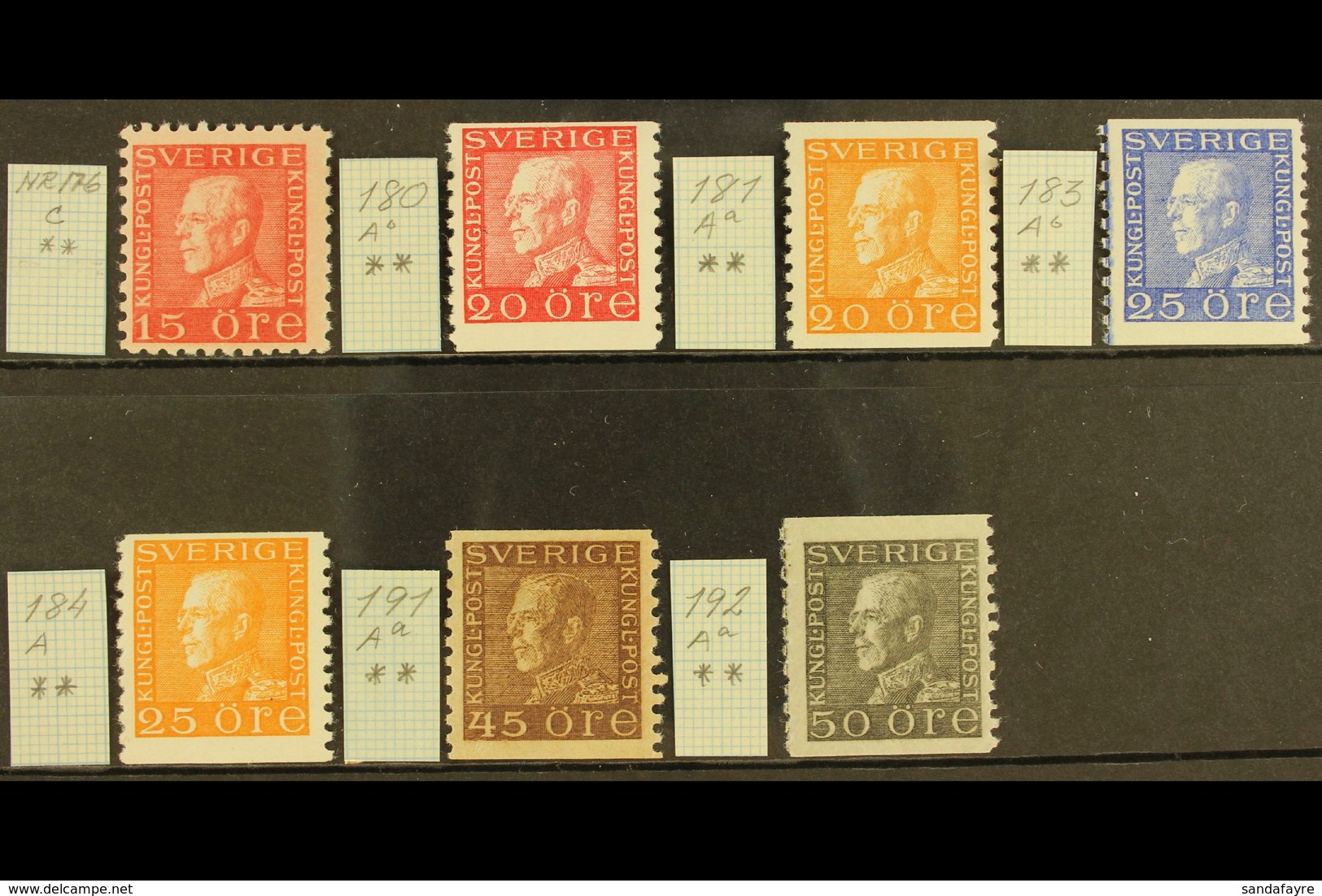 1921-36 King Gustaf V Fine Never Hinged Mint All Different Group, Comprising 1921-36 15o Red Perf 9¾ Type I And Imperf X - Andere & Zonder Classificatie