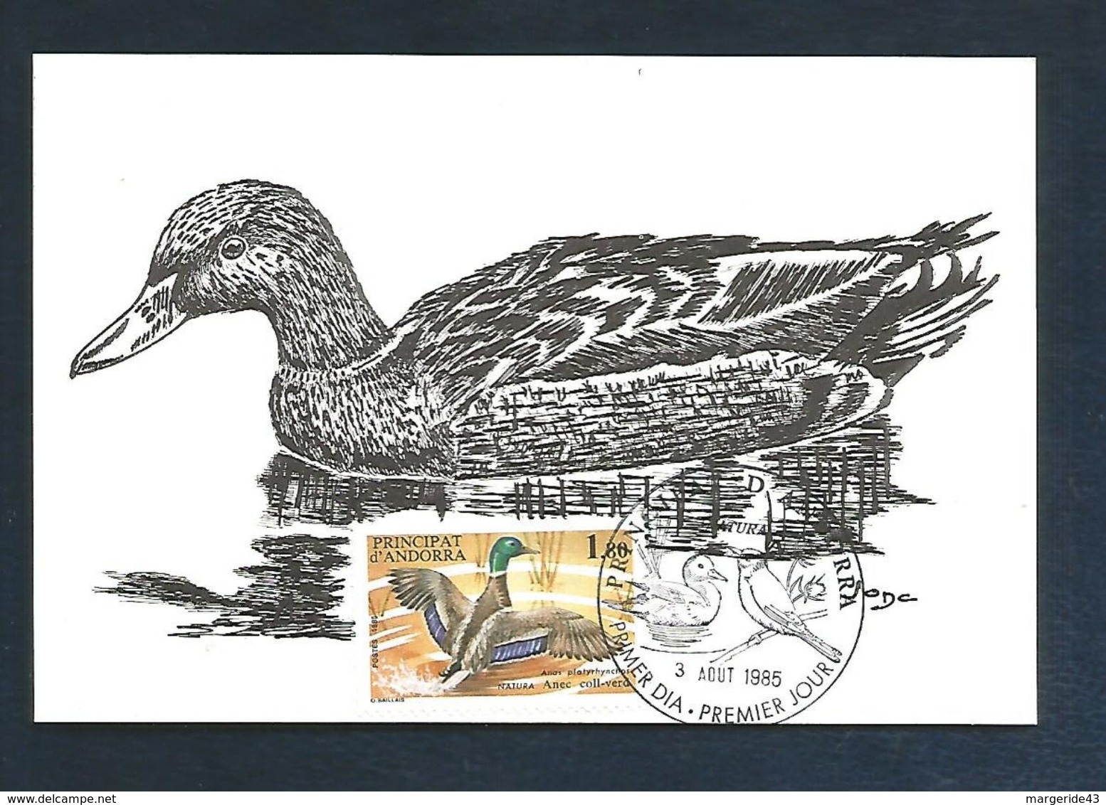 ANDORRE CARTE MAXIMUM 1985 OISEAU CANARD COL VERT - Maximumkarten (MC)