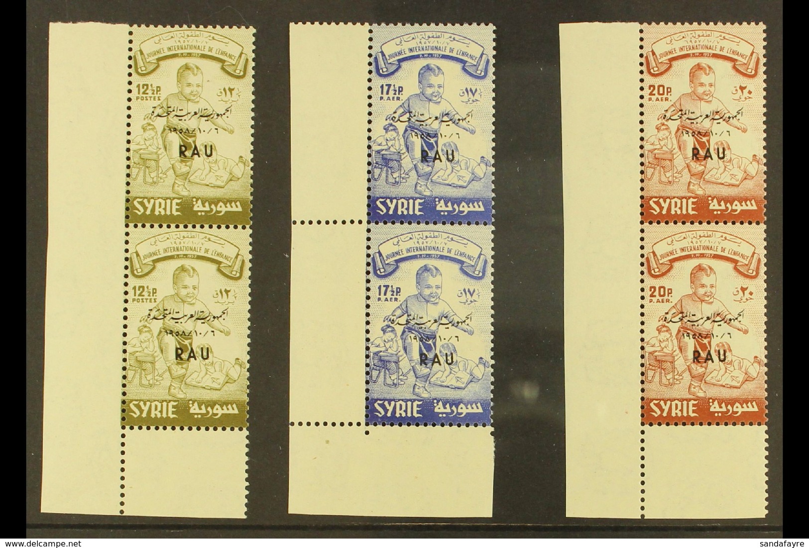 1958 International Children's Day "RAU" Overprints Complete Set, SG 670a/70c, Fine Never Hinged Mint Corner PAIRS, Fresh - Syria