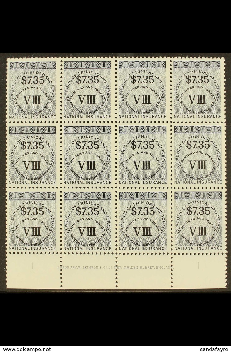 REVENUE NATIONAL INSURANCE 1990 $7.35 Dark Blue In An IMPRINT BLOCK Of TWELVE, Barefoot 14, Superb Never Hinged Mint. Im - Trinidad En Tobago (...-1961)