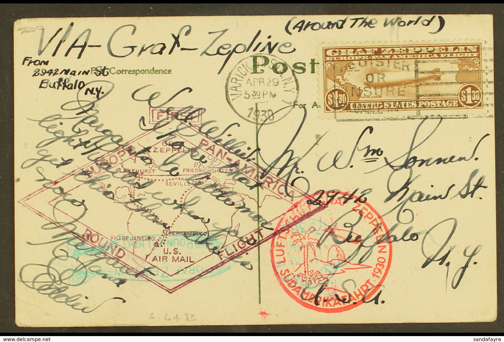 1930 (Apr 29) Picture Postcard Bearing Very Fine AIR Graf Zeppelin $1.30 Brown (Sc C14, SG A687) Tied By Slogan Cancel;  - Autres & Non Classés