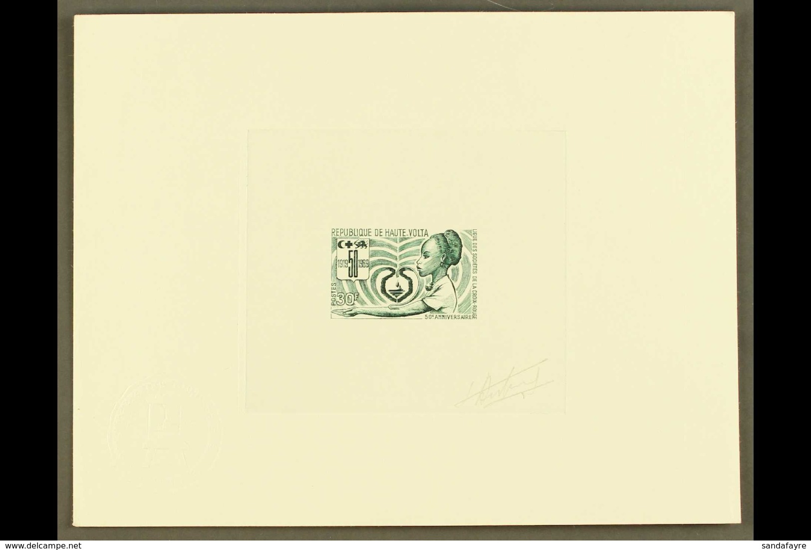 1969 SIGNED SUNKEN IMPERF DIE PROOF For The 30f Red Cross Issue (Yvert 197, SG 260), Printed In Green On Card, Overall S - Sonstige & Ohne Zuordnung