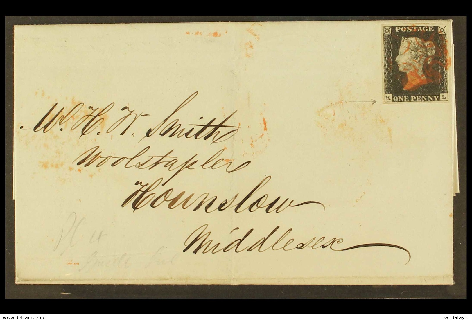 1840 (25 Aug) EL From Rochdale To Houndslow Bearing 1d Black 'KL' (plate 4) With 4 Large Margins Tied Red MC Cancellatio - Unclassified