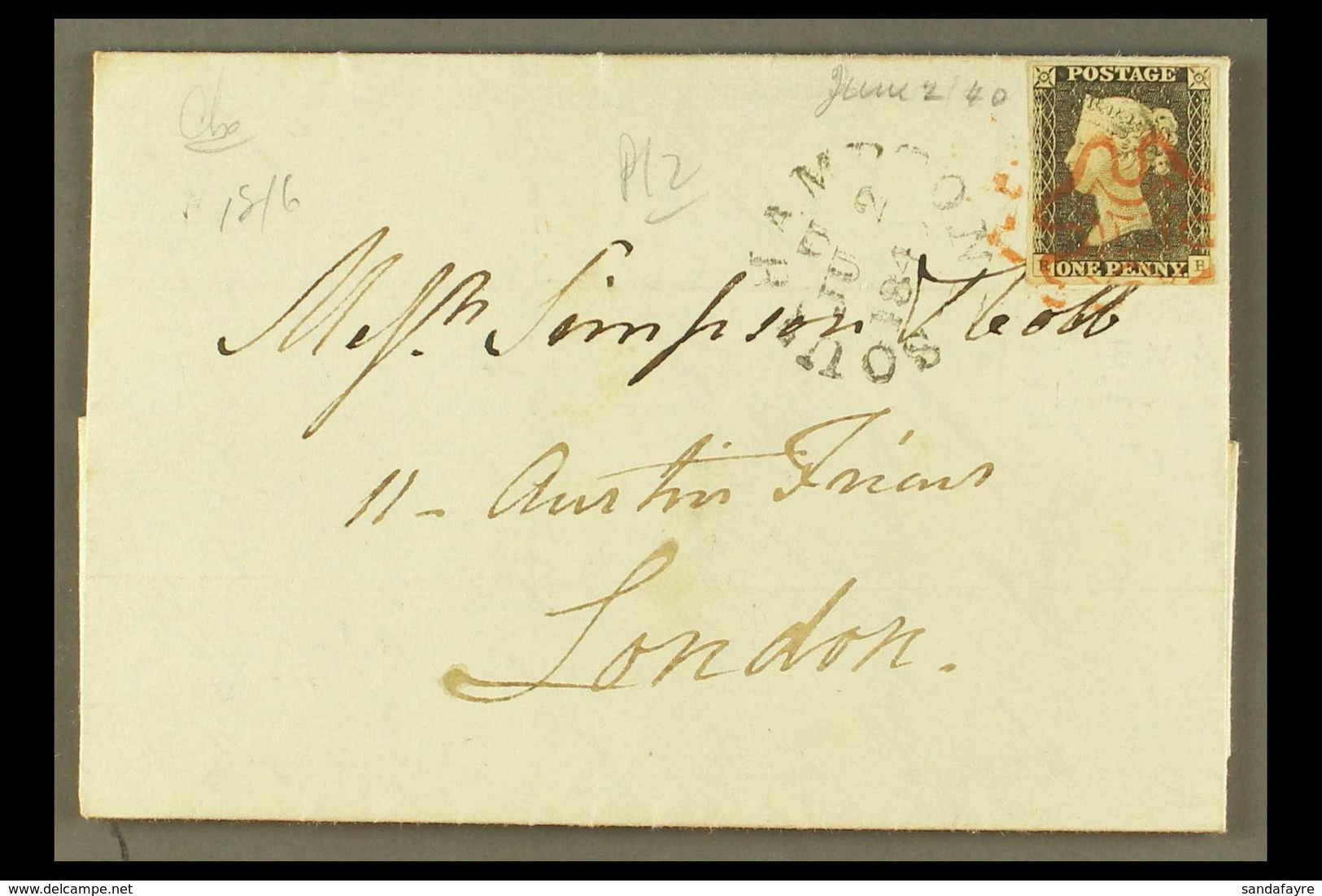 1840 1d Black 'RB' Plate 2, SG 3, Used With 4 Margins And A Lovely Red Maltese Cross Cancellation, On A Cover To Which I - Non Classés