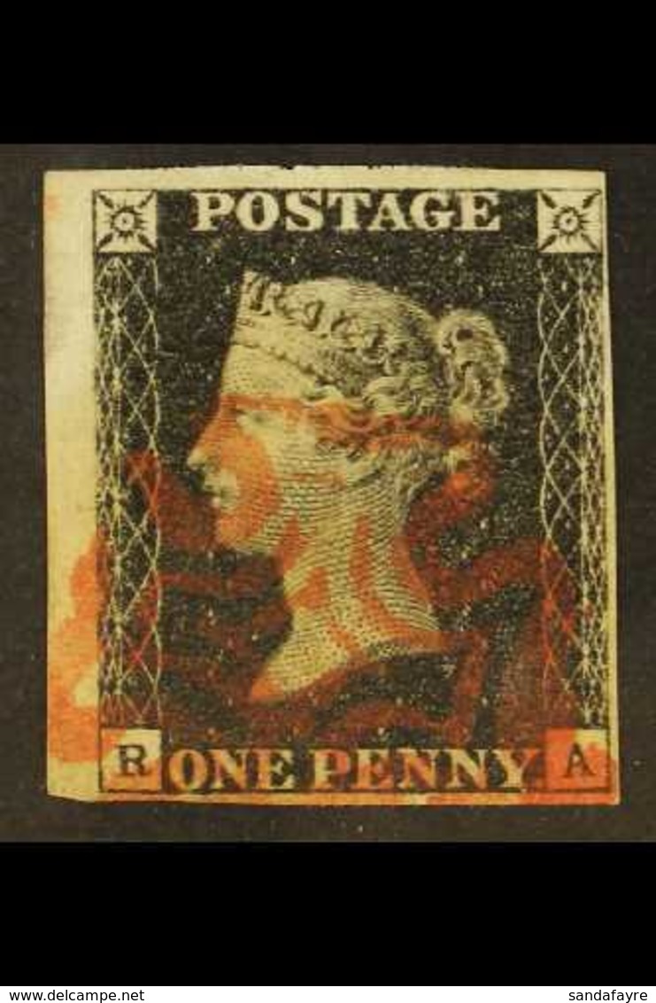 1840 1d Black 'RA' Plate 8, SG 2, Used With 4 Margins, Huge At Left Being Part Of The Sheet Selvage With Very Fine Red M - Ohne Zuordnung