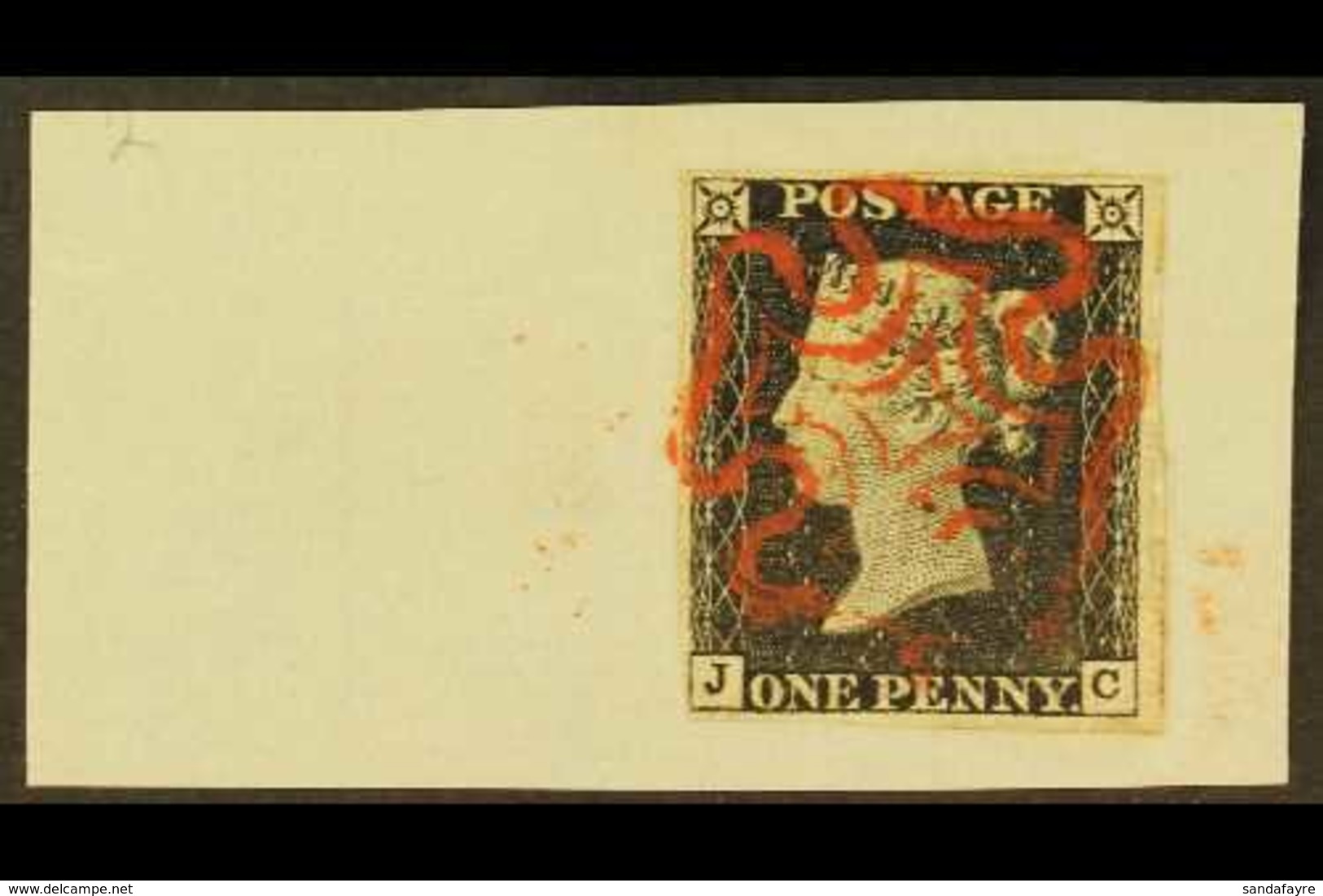 1840 1d Black 'JC' Plate 2, SG 2, Used With Full Margins Just Touching At One Corner, Tied To Piece By Lovely Red MC Can - Ohne Zuordnung