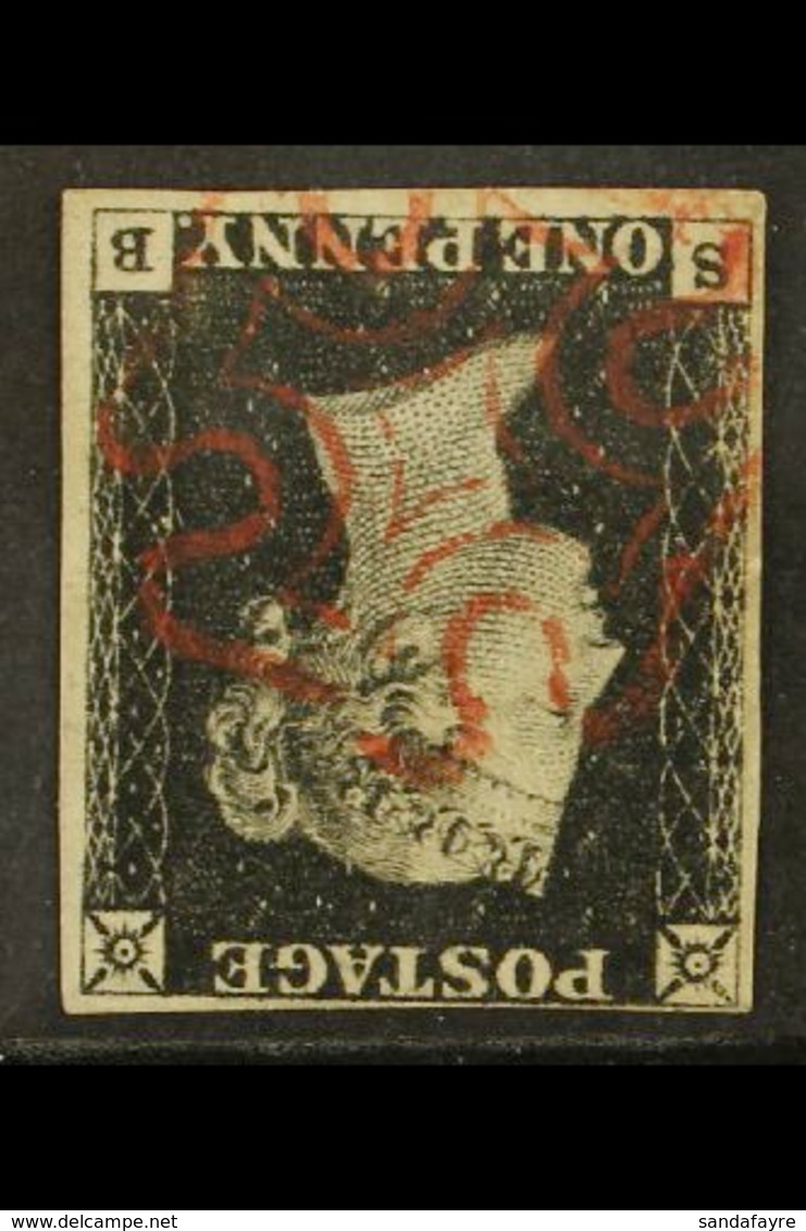1840 1d Intense Black 'SB' Plate 1b With WATERMARK INVERTED, SG 1Wi, Used With 4 Margins & Crisp Red MC Cancellation. A  - Non Classés