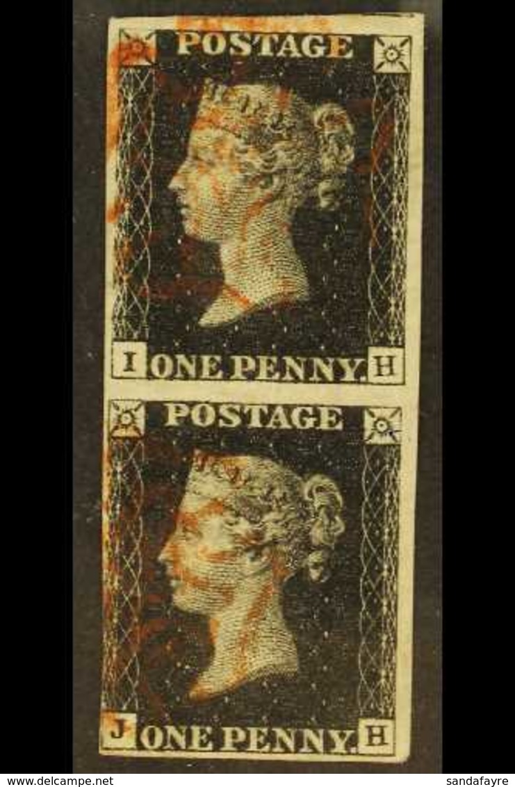 1840 1d Intense Black Vertical PAIR 'I H - JH' Plate 5, SG 1, Used, The Upper Stamp With Full Margins, The Lower Touched - Unclassified