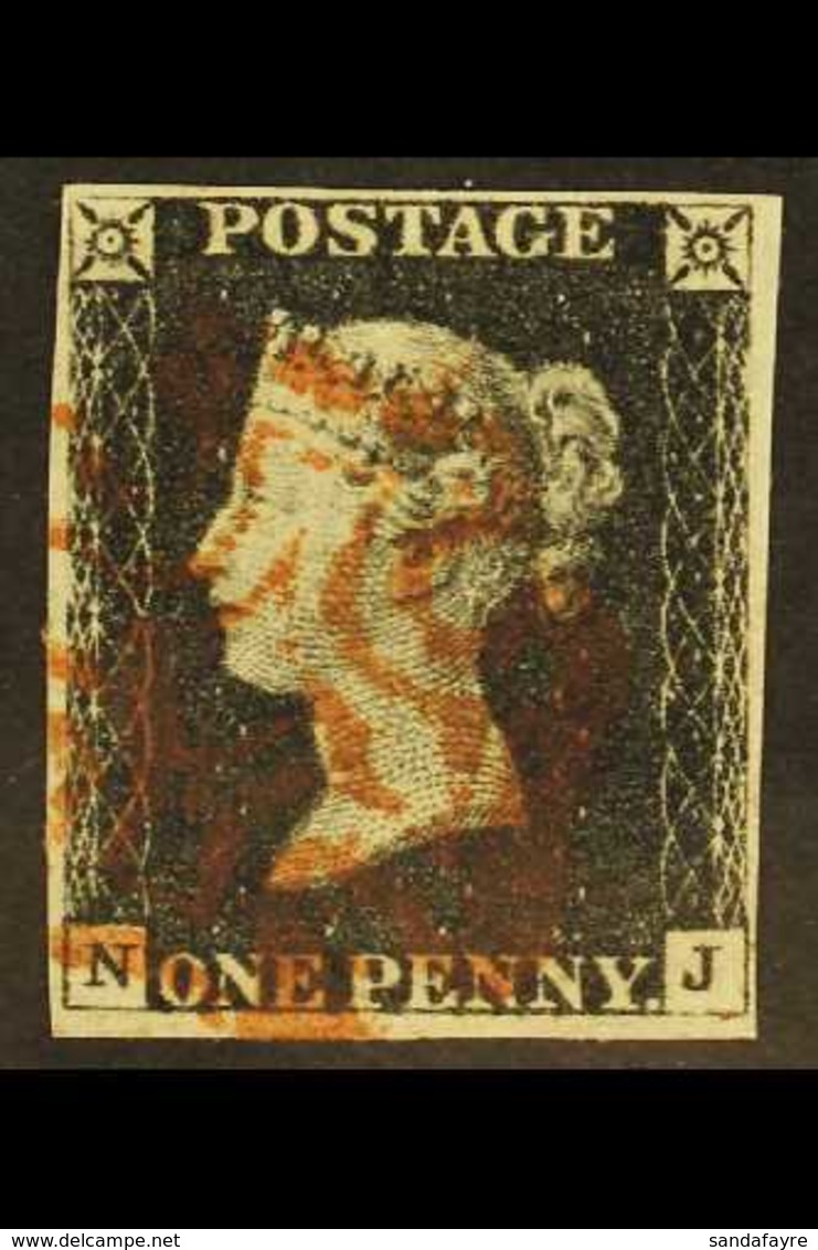 1840 1d Intense Black 'NJ' Plate 1b, SG 1, Used With 4 Margins & Red MC Cancellation. For More Images, Please Visit Http - Non Classés